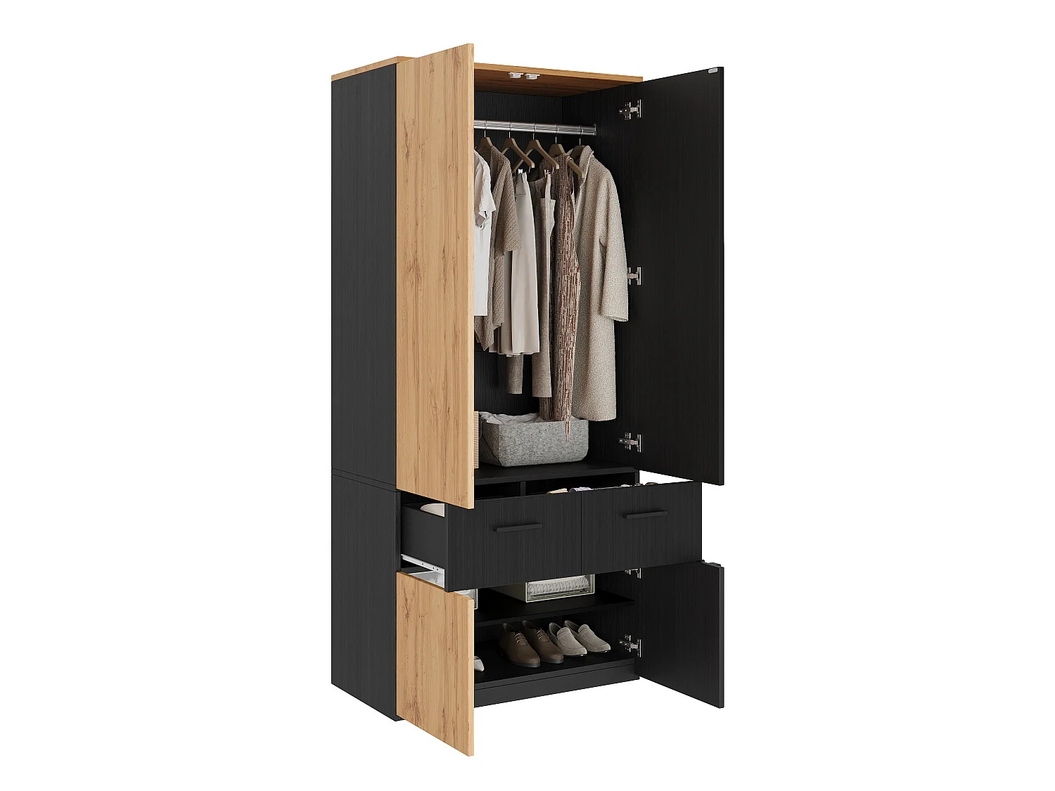 Armario Ropero de Listones de 90x200 cm - Mueble de Almacenamiento Moderno con 1 Barra para Colgar, 2 Cajones y 2 Compartimentos - Negro y Natural