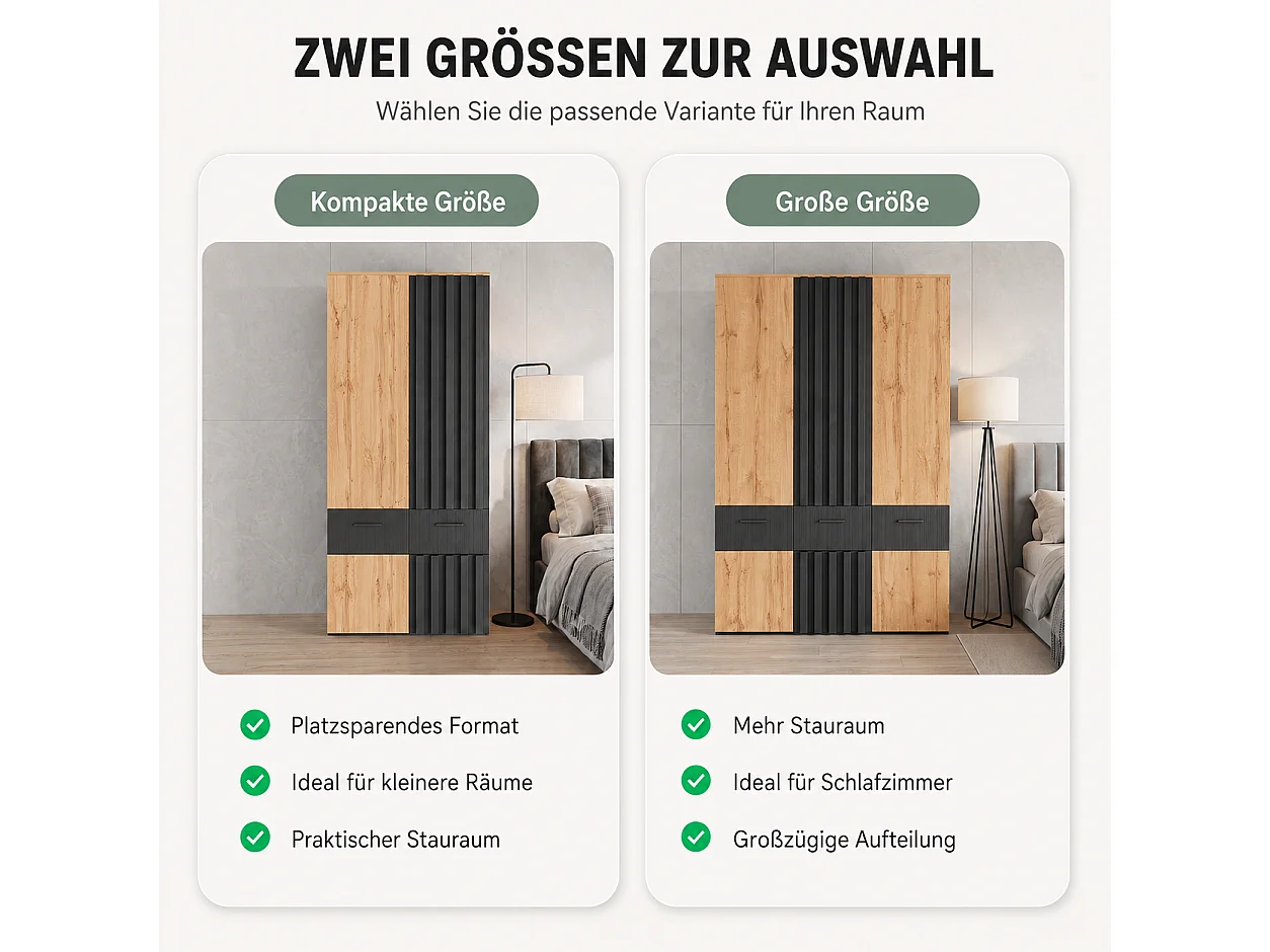 Armario Ropero de Listones de 90x200 cm - Mueble de Almacenamiento Moderno con 1 Barra para Colgar, 2 Cajones y 2 Compartimentos - Negro y Natural