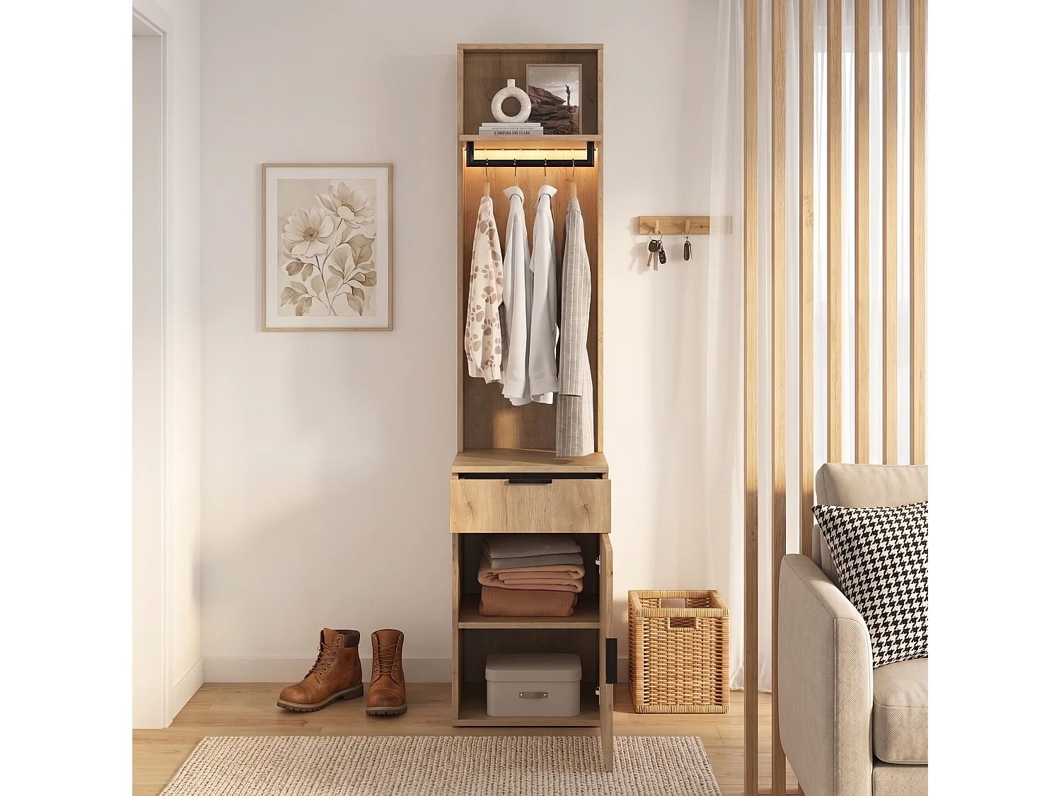 Narrow 45x200 cm Entryway Wardrobe with LED - Storage Cabinet with Hanging Rail & 2 Compartments - Natural