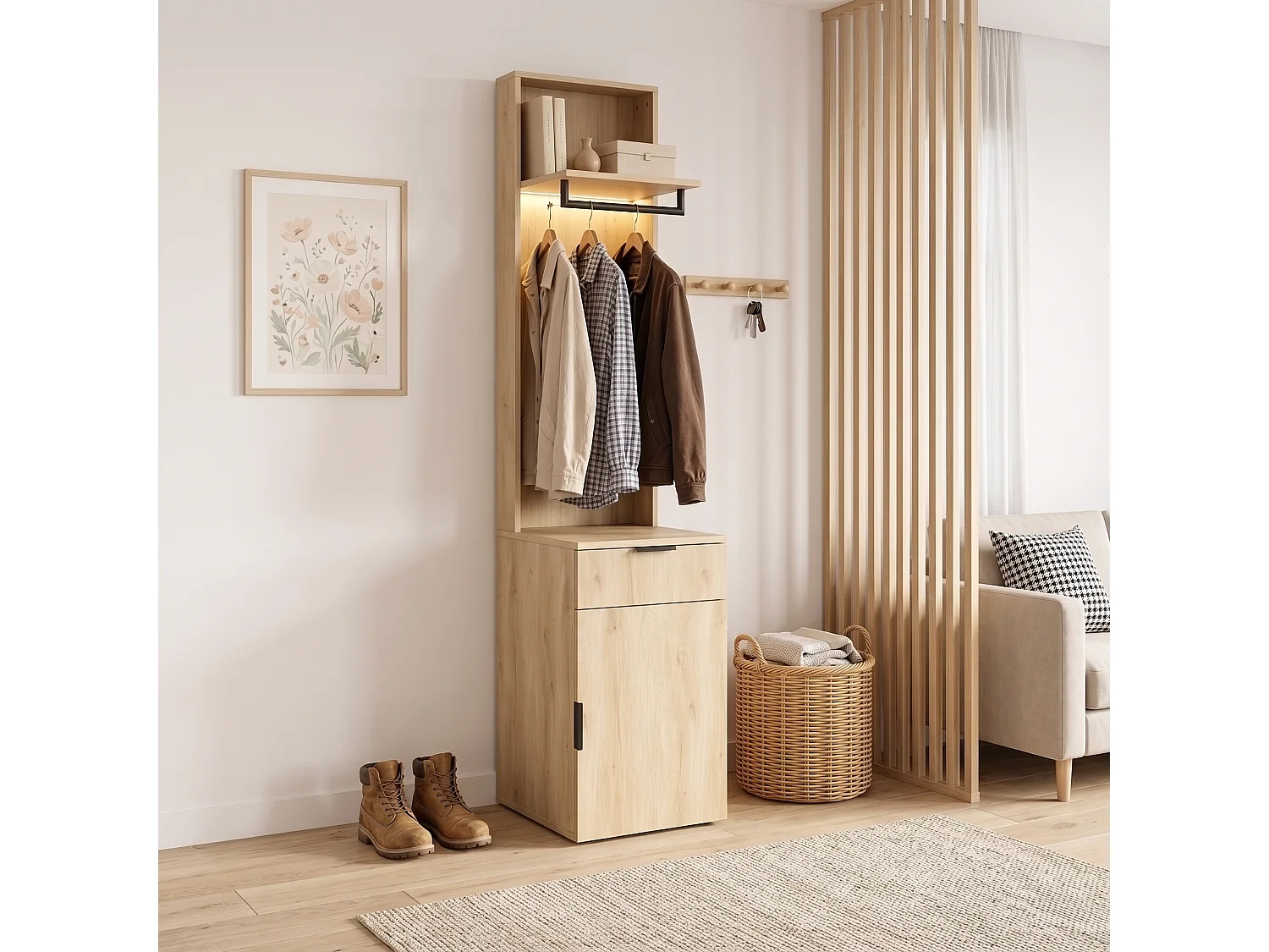 Narrow 45x200 cm Entryway Wardrobe with LED - Storage Cabinet with Hanging Rail & 2 Compartments - Natural