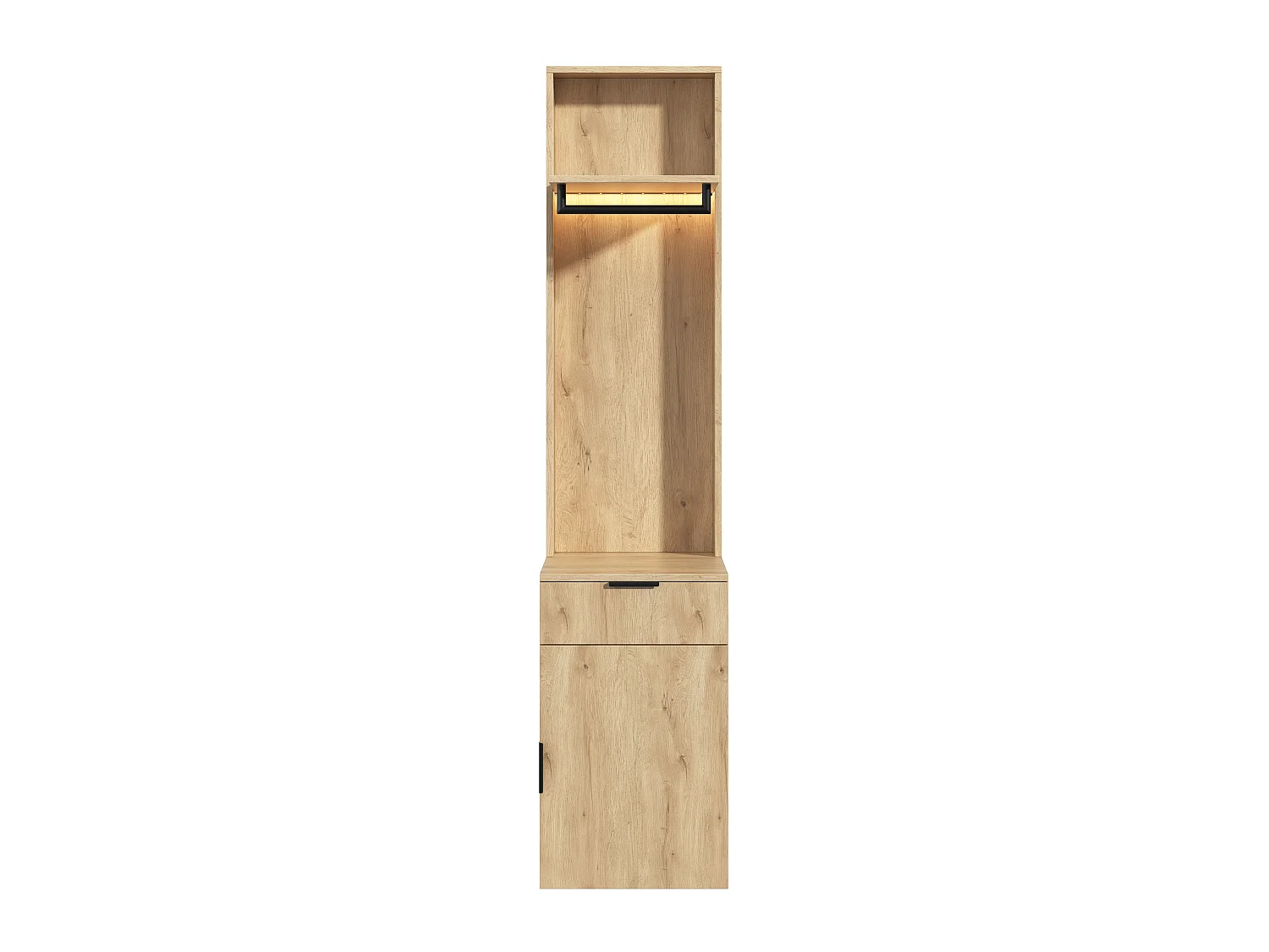Narrow 45x200 cm Entryway Wardrobe with LED - Storage Cabinet with Hanging Rail & 2 Compartments - Natural