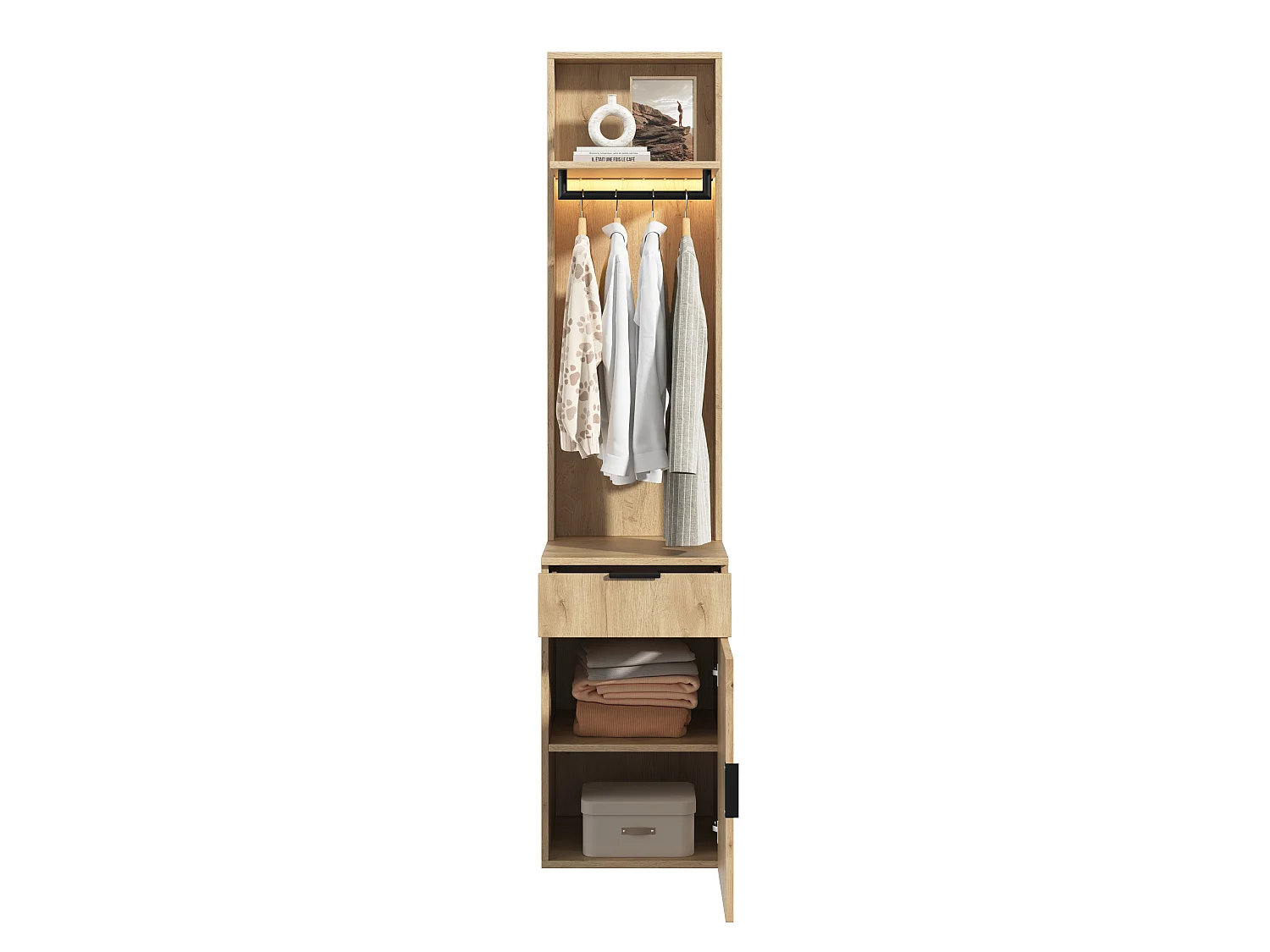 Narrow 45x200 cm Entryway Wardrobe with LED - Storage Cabinet with Hanging Rail & 2 Compartments - Natural
