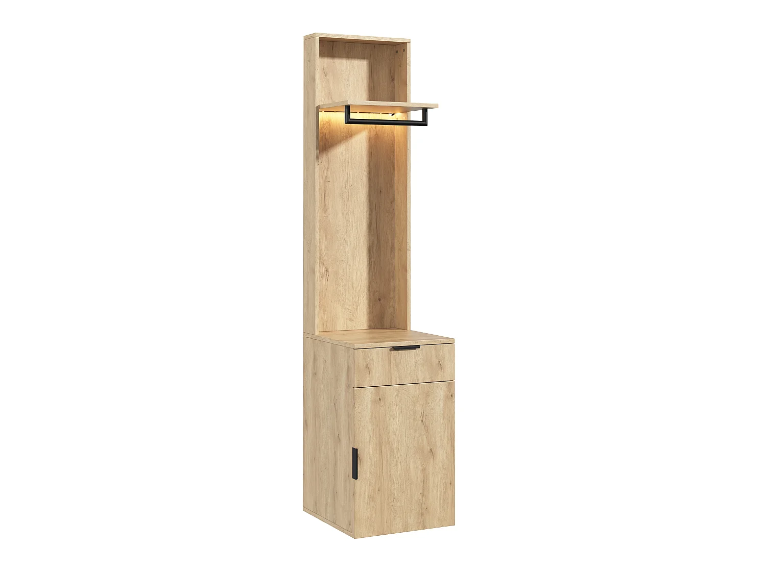 Narrow 45x200 cm Entryway Wardrobe with LED - Storage Cabinet with Hanging Rail & 2 Compartments - Natural