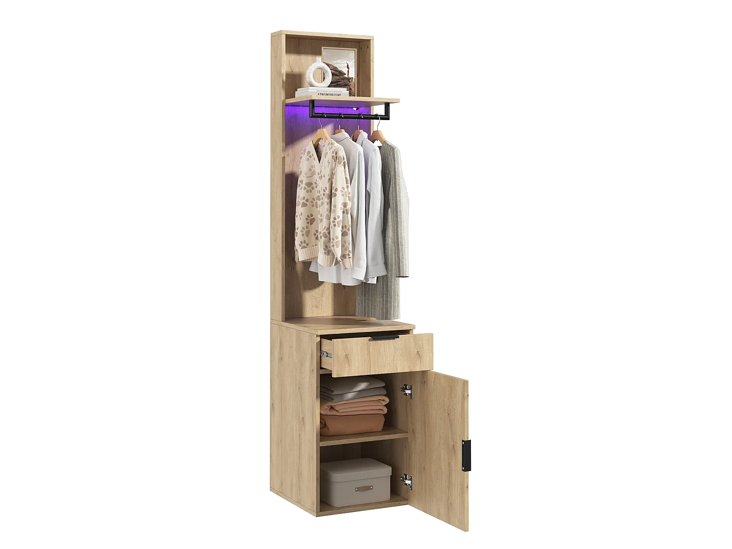 Narrow 45x200 cm Entryway Wardrobe with LED - Storage Cabinet with Hanging Rail & 2 Compartments - Natural
