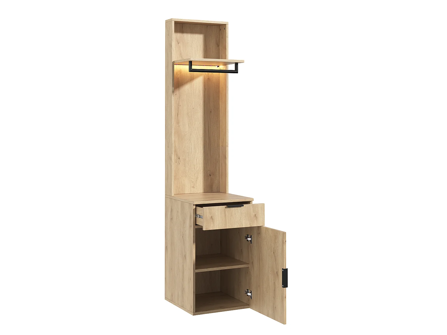 Narrow 45x200 cm Entryway Wardrobe with LED - Storage Cabinet with Hanging Rail & 2 Compartments - Natural