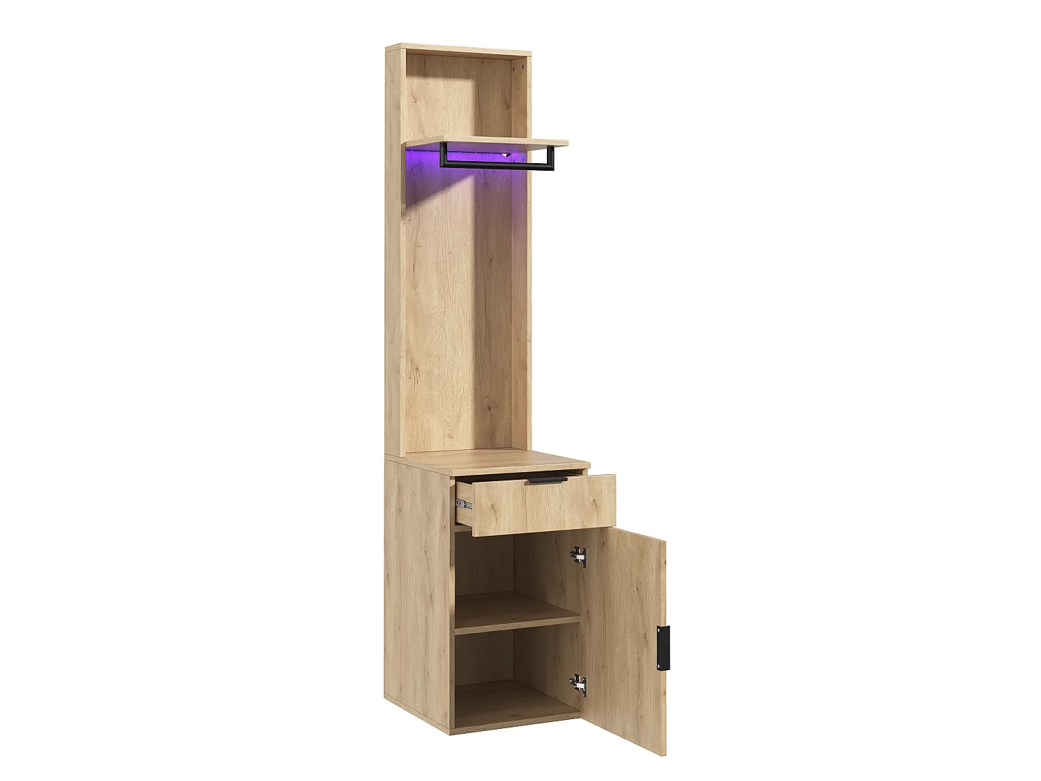 Narrow 45x200 cm Entryway Wardrobe with LED - Storage Cabinet with Hanging Rail & 2 Compartments - Natural