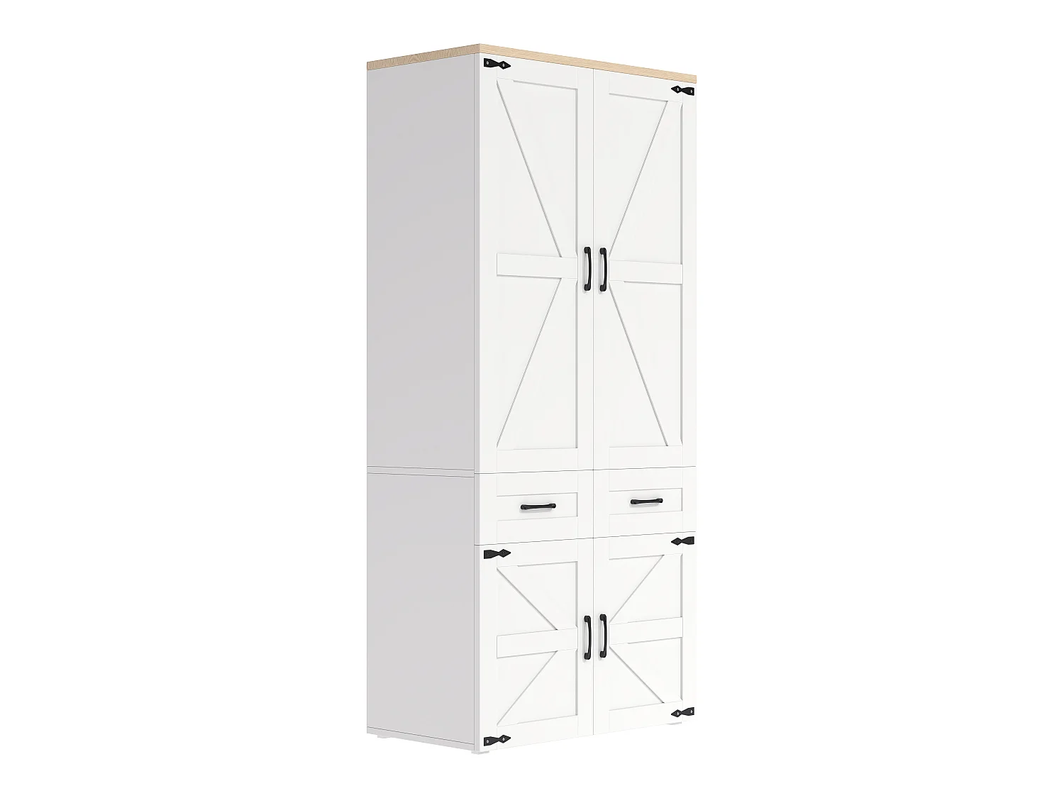 Szafa Garderobiana 90x200 cm w Stylu Wiejskim - Mebel do Przechowywania z 4 Drzwiami, 2 Drążkami na Ubrania i 5 Szufladami - Biała