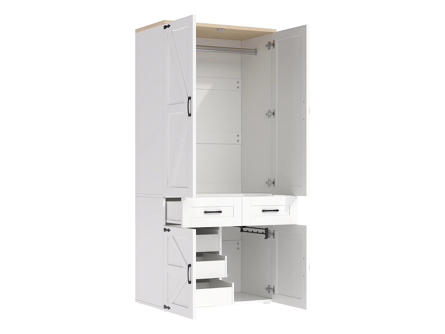 Szafa Garderobiana 90x200 cm w Stylu Wiejskim - Mebel do Przechowywania z 4 Drzwiami, 2 Drążkami na Ubrania i 5 Szufladami - Biała