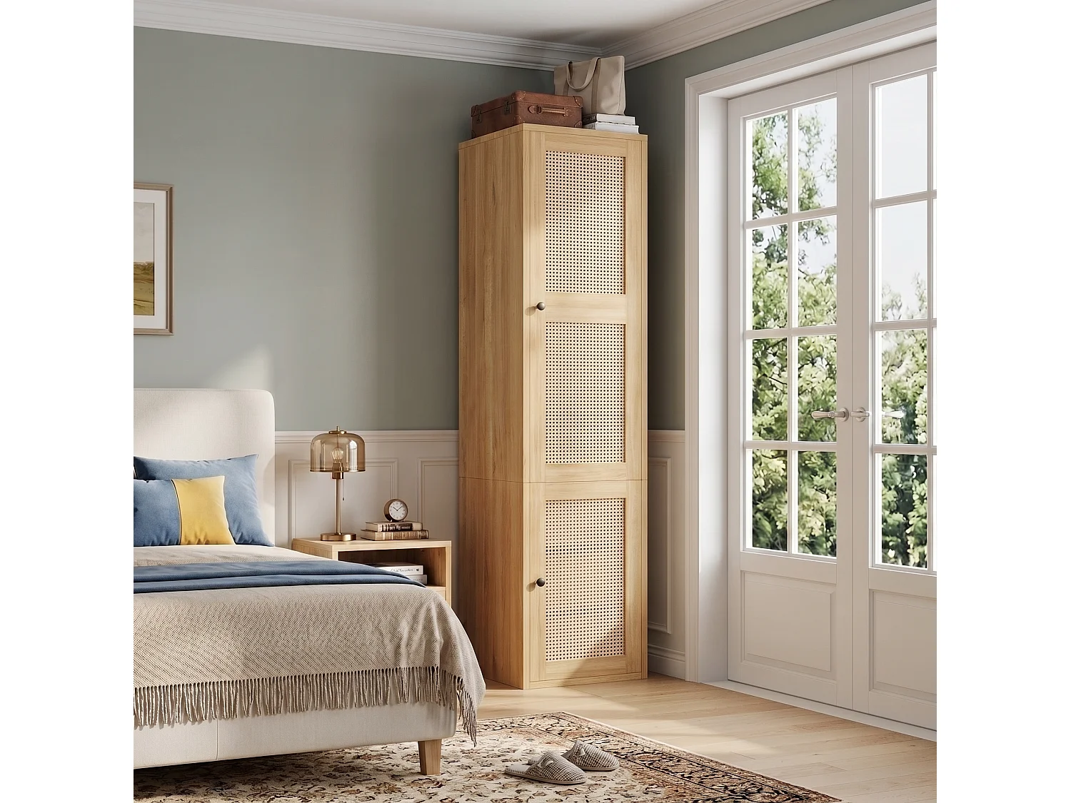 Narrow 45x200 cm Wardrobe with Rattan Door - Compact Storage Cabinet with 1 Hanging Rail & 3 Drawers - Natural