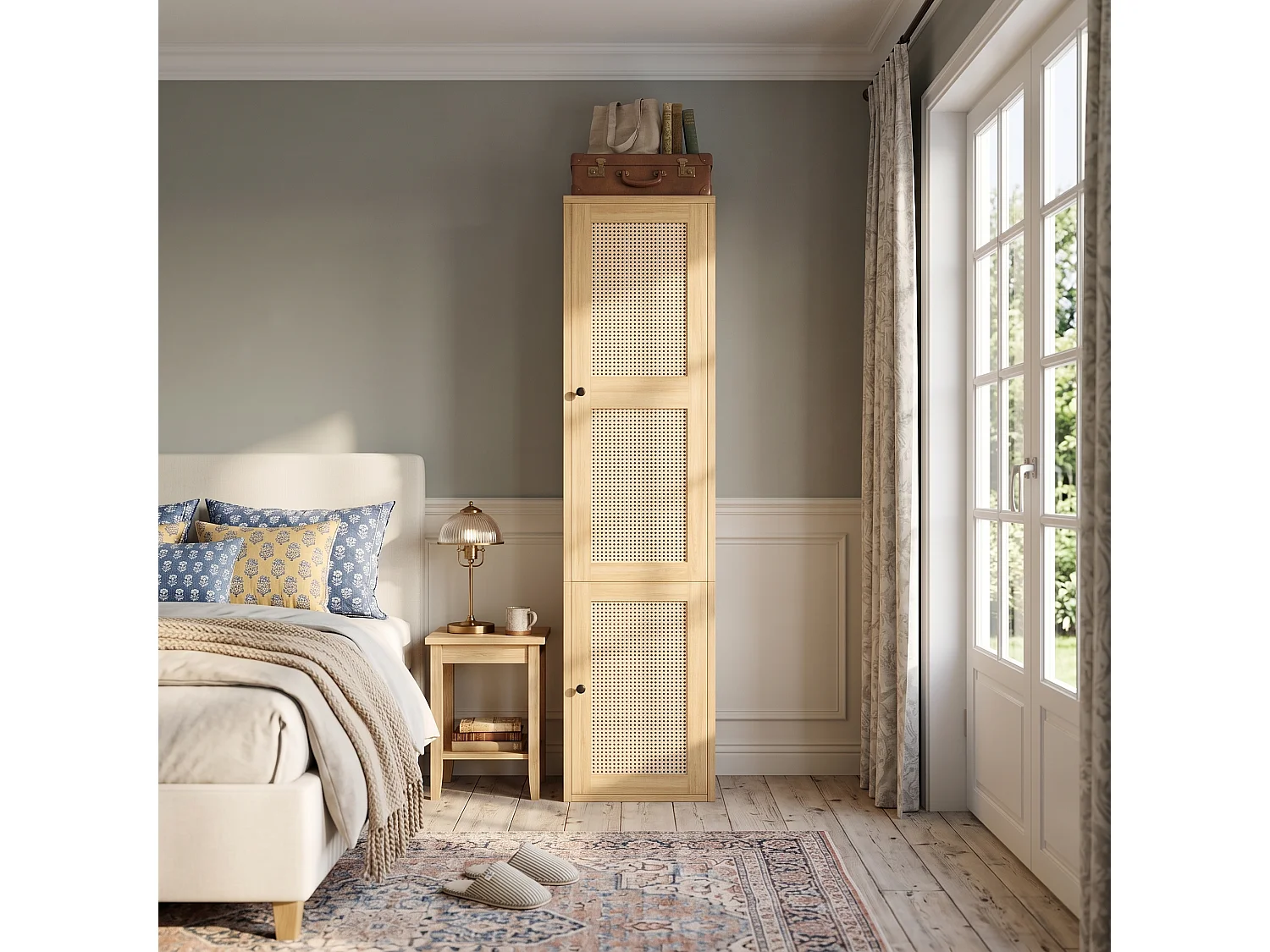Narrow 45x200 cm Wardrobe with Rattan Door - Compact Storage Cabinet with 1 Hanging Rail & 3 Drawers - Natural
