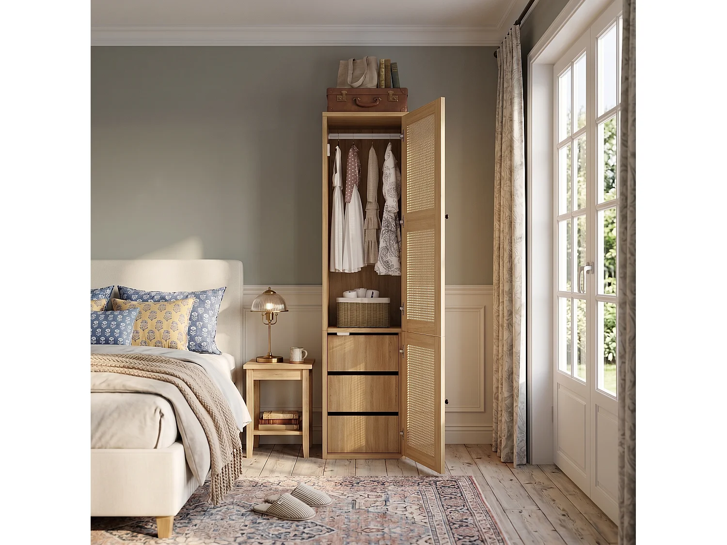 Narrow 45x200 cm Wardrobe with Rattan Door - Compact Storage Cabinet with 1 Hanging Rail & 3 Drawers - Natural