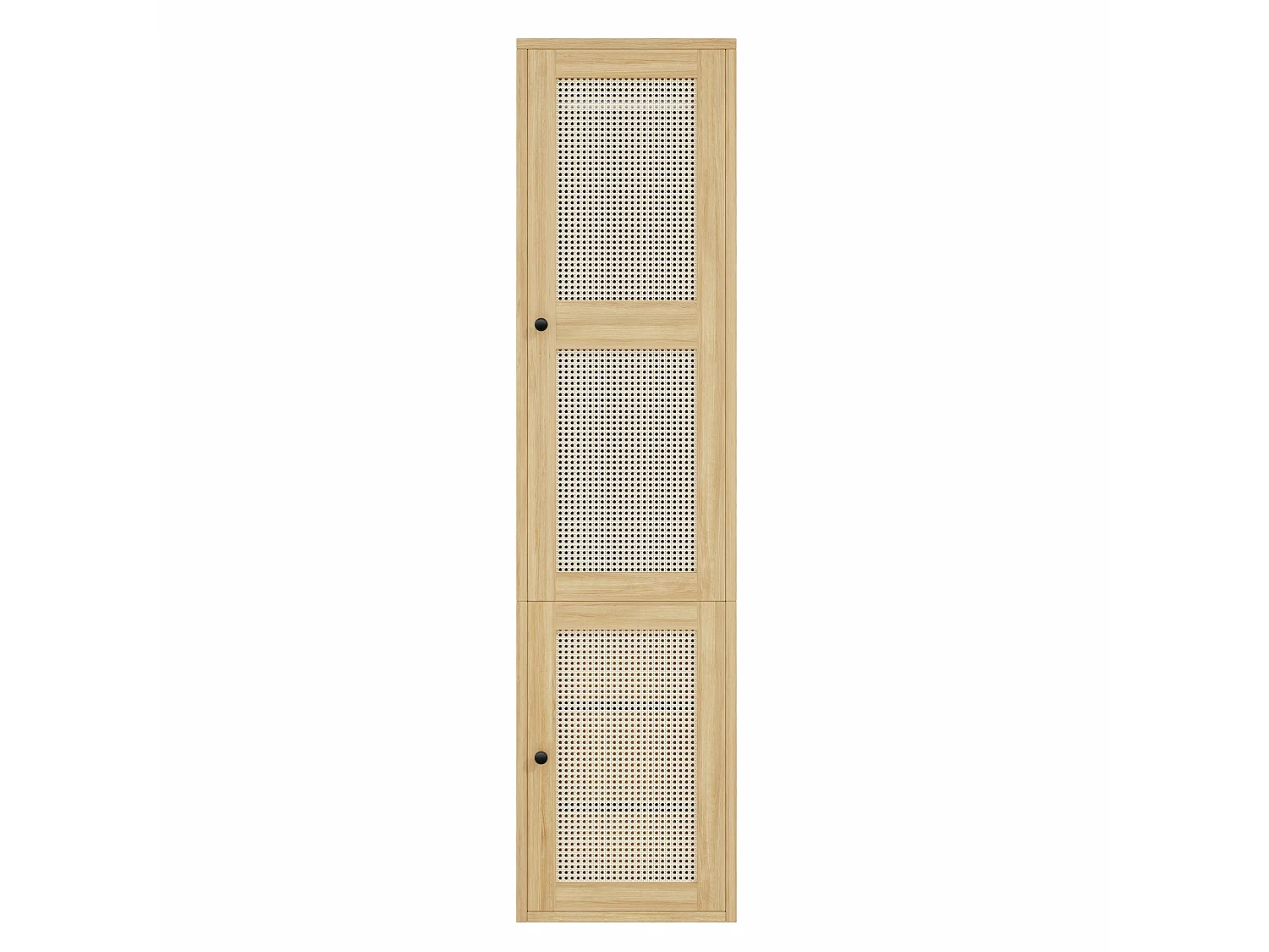Narrow 45x200 cm Wardrobe with Rattan Door - Compact Storage Cabinet with 1 Hanging Rail & 3 Drawers - Natural