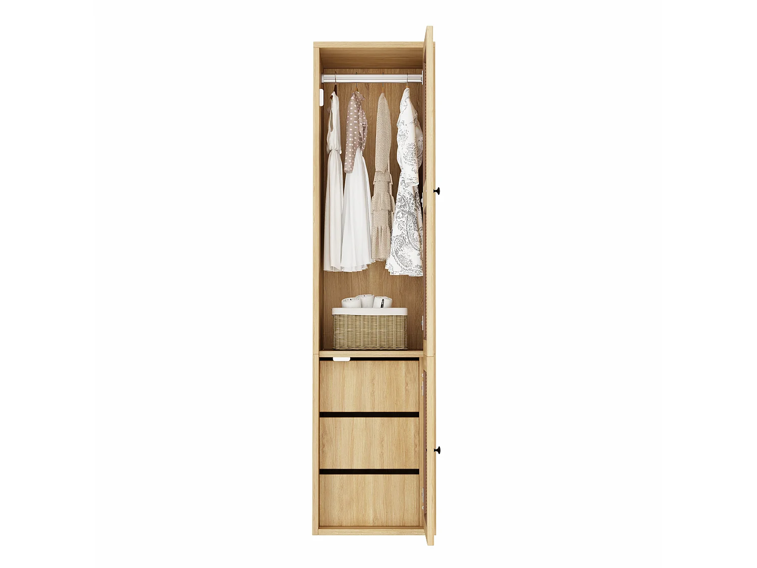 Narrow 45x200 cm Wardrobe with Rattan Door - Compact Storage Cabinet with 1 Hanging Rail & 3 Drawers - Natural
