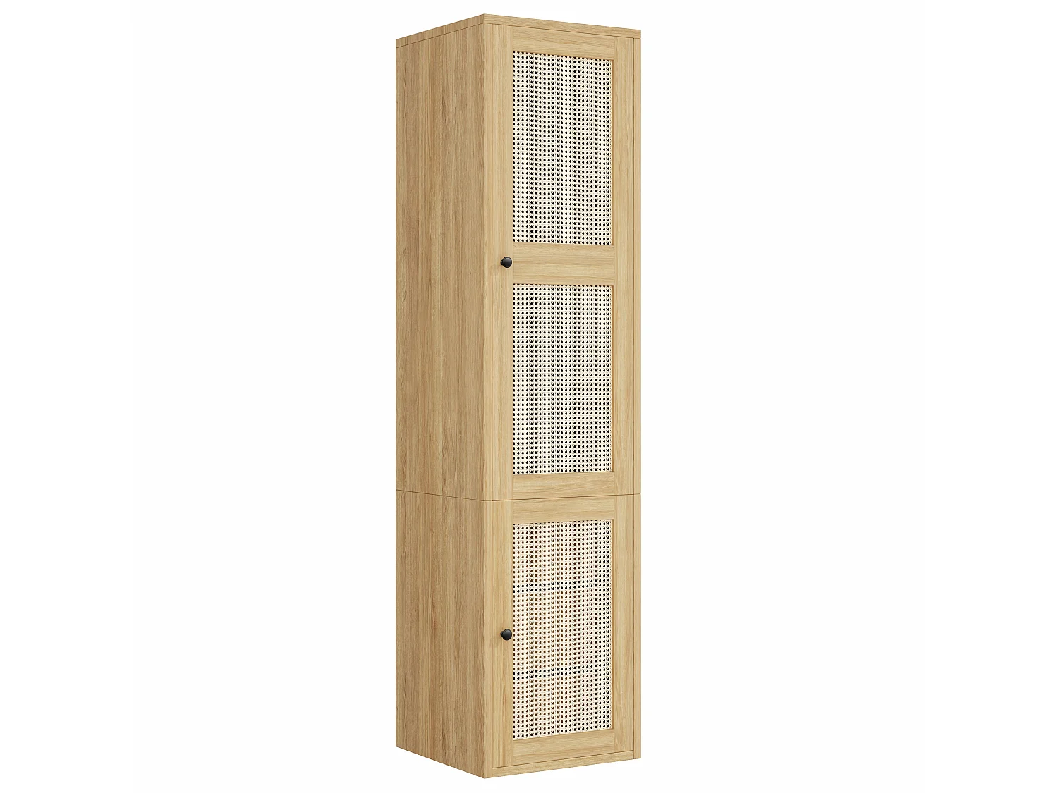 Narrow 45x200 cm Wardrobe with Rattan Door - Compact Storage Cabinet with 1 Hanging Rail & 3 Drawers - Natural