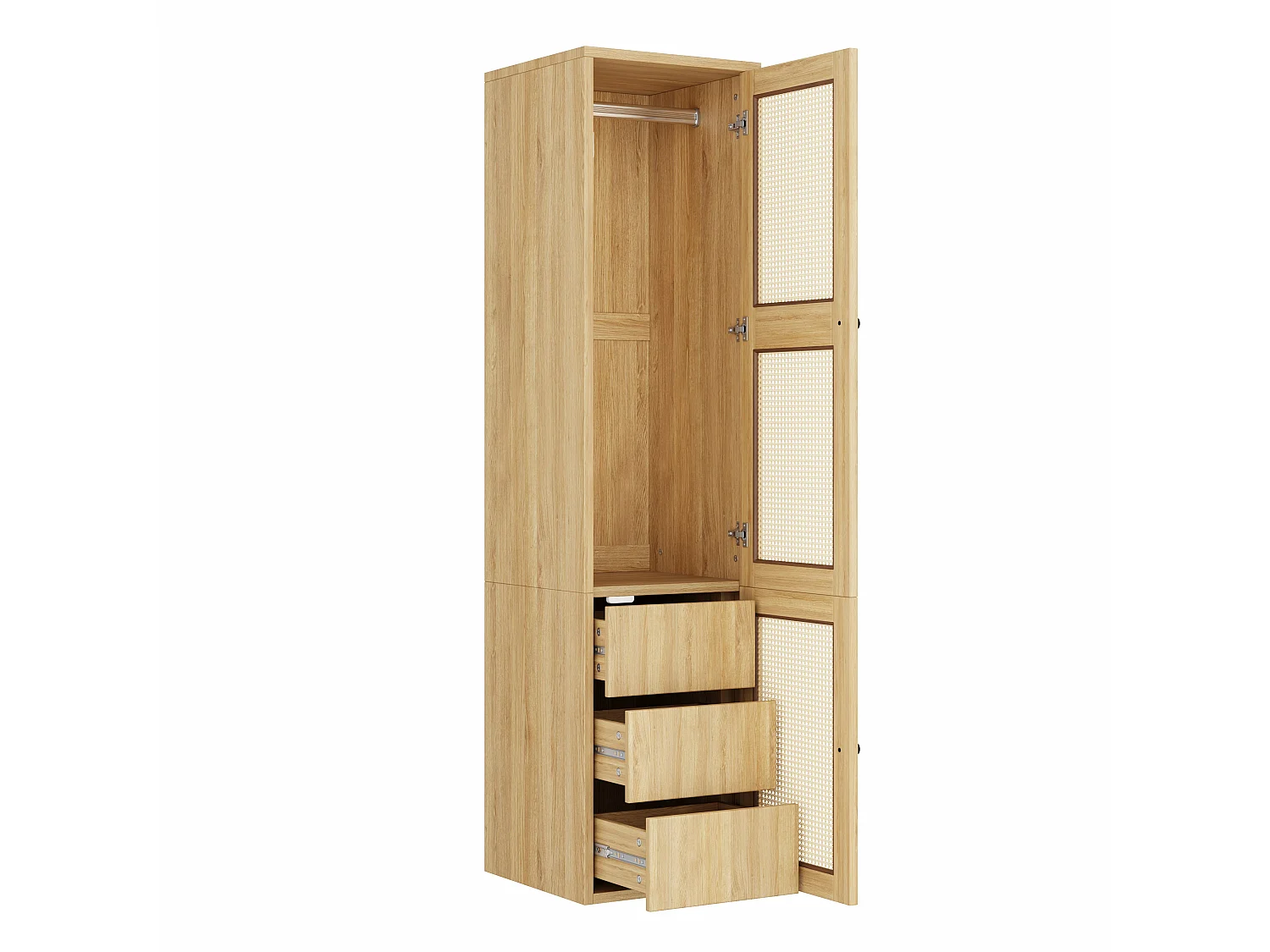 Narrow 45x200 cm Wardrobe with Rattan Door - Compact Storage Cabinet with 1 Hanging Rail & 3 Drawers - Natural