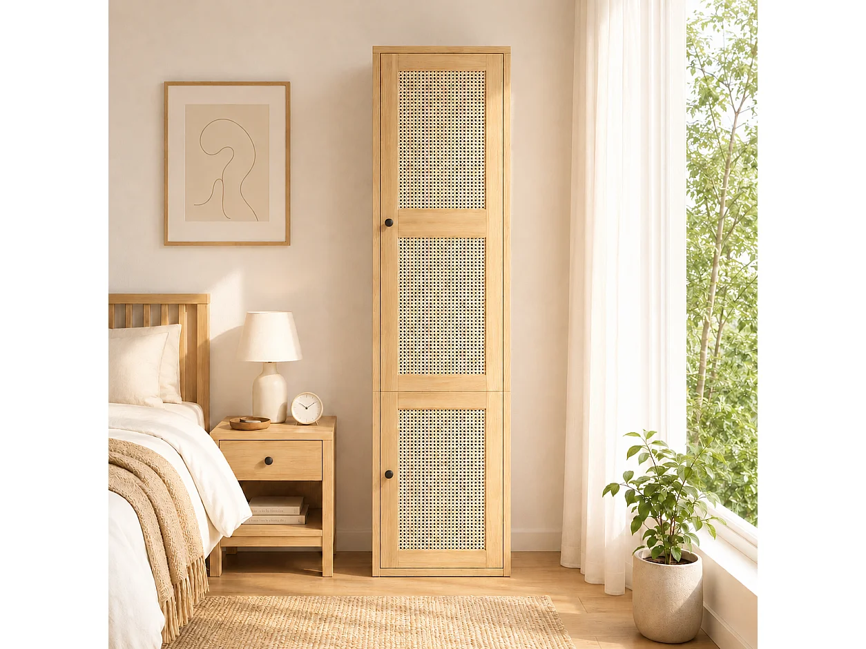 Narrow 45x200 cm Wardrobe with Rattan Door - Compact Storage Cabinet with 1 Hanging Rail & 3 Drawers - Natural