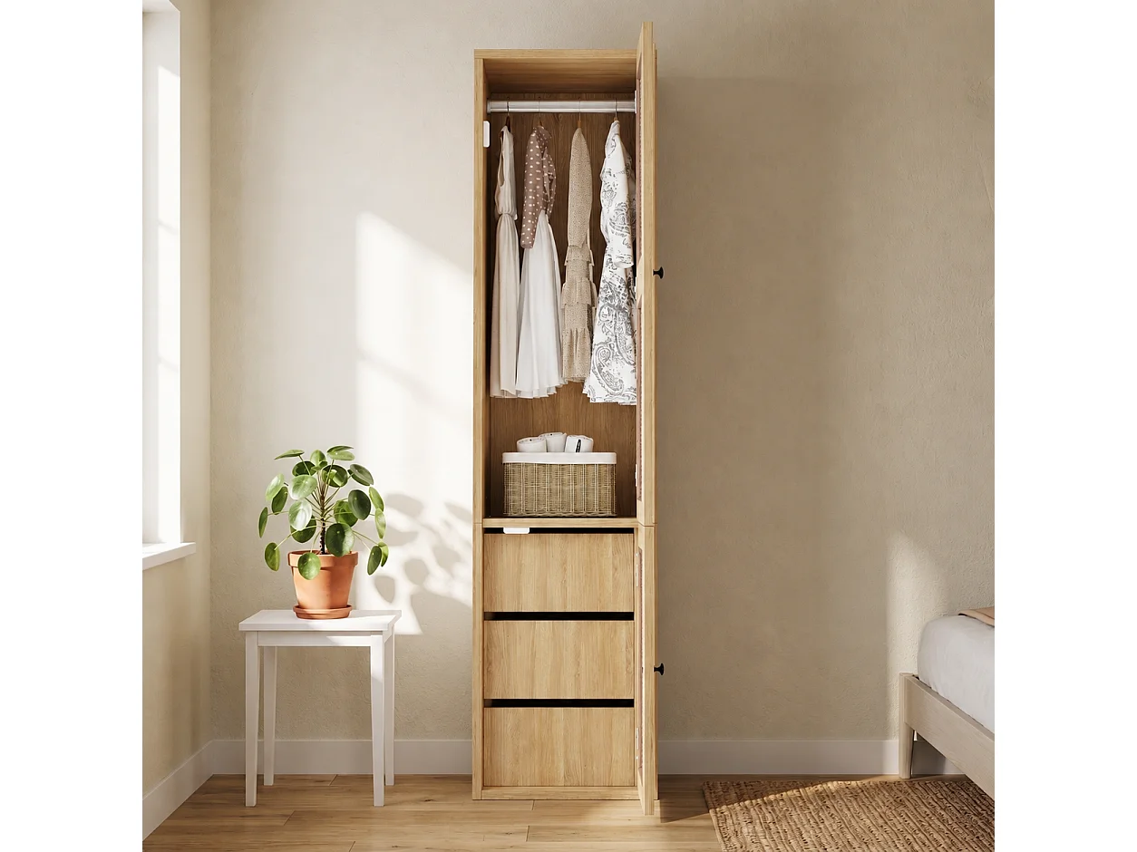 Narrow 45x200 cm Wardrobe with Rattan Door - Compact Storage Cabinet with 1 Hanging Rail & 3 Drawers - Natural