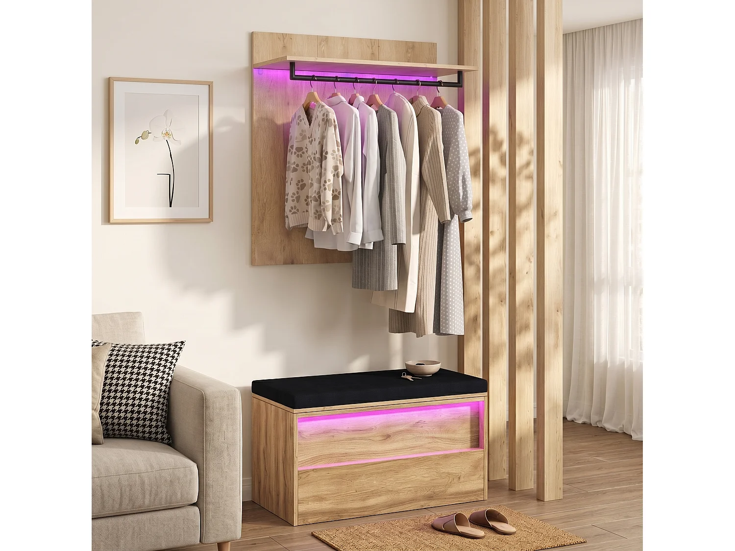 Ensemble Meuble d'Entrée 90cm avec Banc à Chaussures & LED - Vestiaire Mural avec Penderie & Coussin d'Assise - Anthracite et Naturel