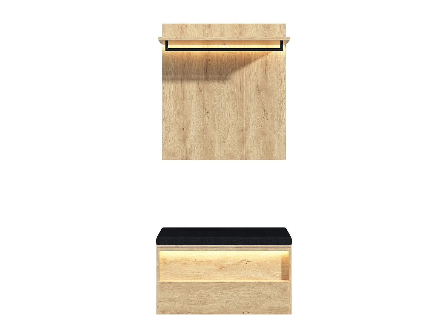 Ensemble Meuble d'Entrée 90cm avec Banc à Chaussures & LED - Vestiaire Mural avec Penderie & Coussin d'Assise - Anthracite et Naturel
