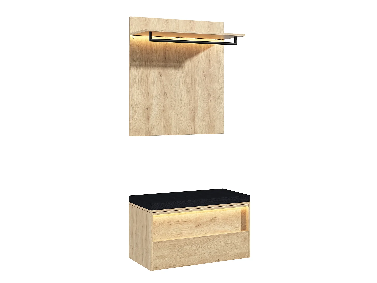 Ensemble Meuble d'Entrée 90cm avec Banc à Chaussures & LED - Vestiaire Mural avec Penderie & Coussin d'Assise - Anthracite et Naturel
