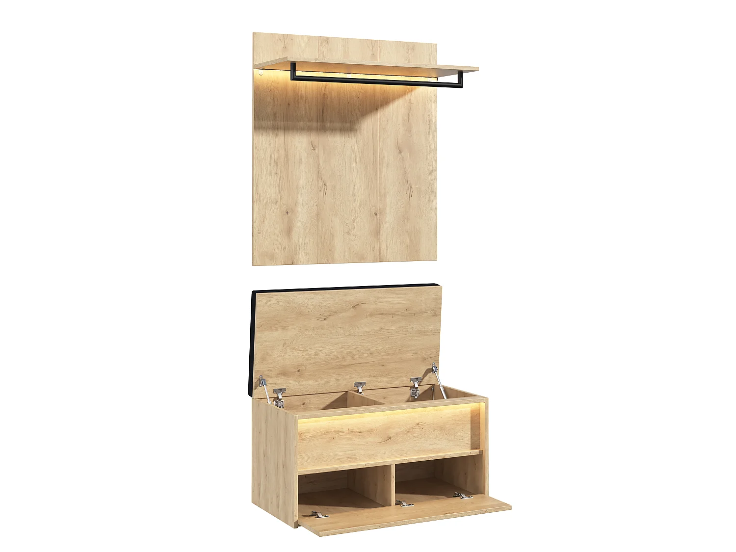 Ensemble Meuble d'Entrée 90cm avec Banc à Chaussures & LED - Vestiaire Mural avec Penderie & Coussin d'Assise - Anthracite et Naturel