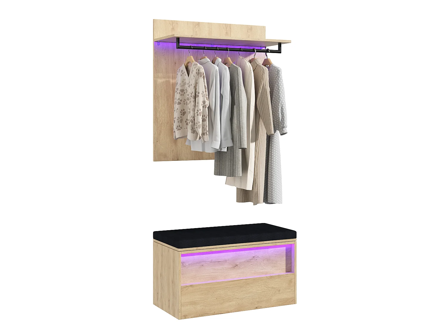 Ensemble Meuble d'Entrée 90cm avec Banc à Chaussures & LED - Vestiaire Mural avec Penderie & Coussin d'Assise - Anthracite et Naturel