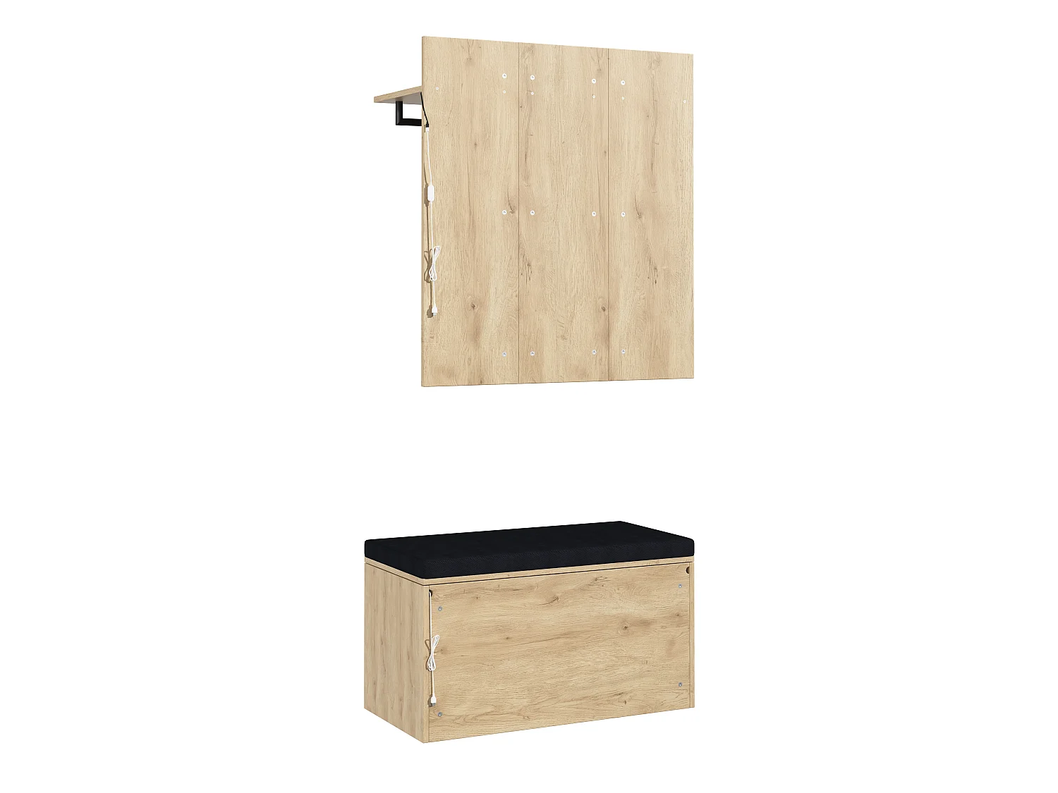 Ensemble Meuble d'Entrée 90cm avec Banc à Chaussures & LED - Vestiaire Mural avec Penderie & Coussin d'Assise - Anthracite et Naturel