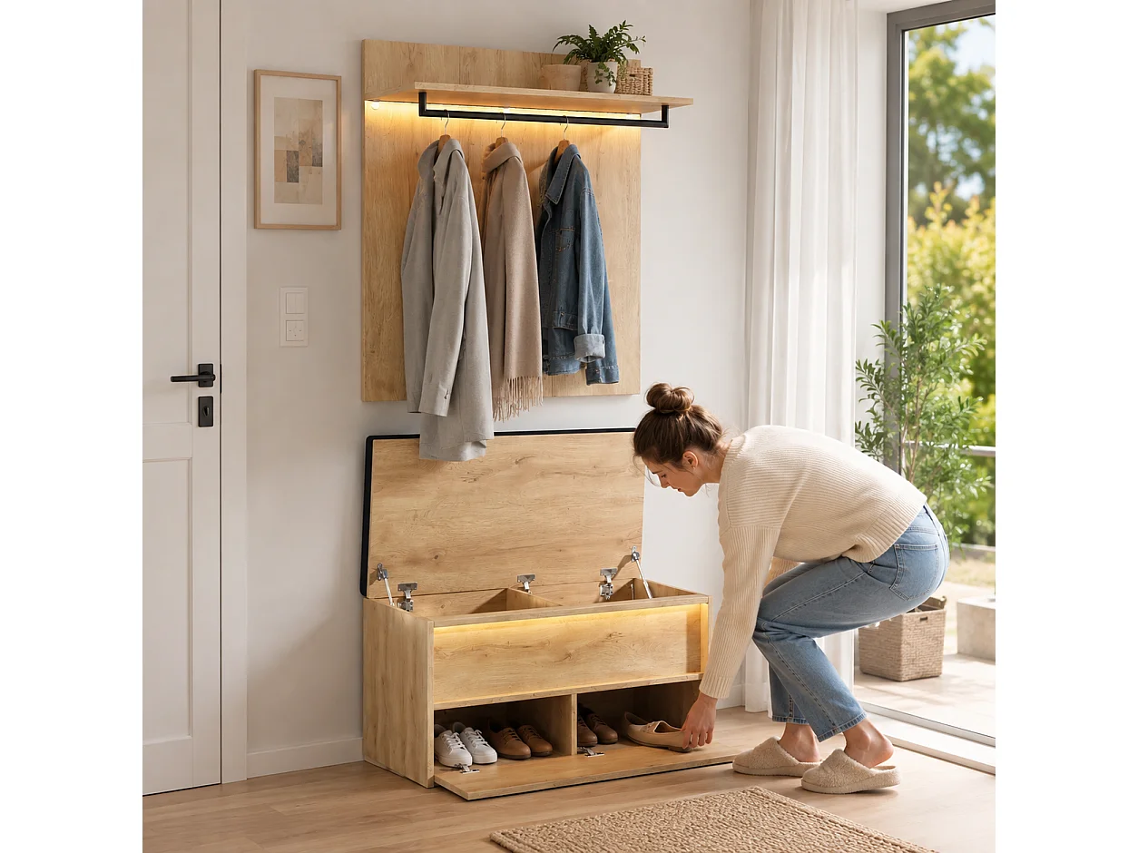Ensemble Meuble d'Entrée 90cm avec Banc à Chaussures & LED - Vestiaire Mural avec Penderie & Coussin d'Assise - Anthracite et Naturel