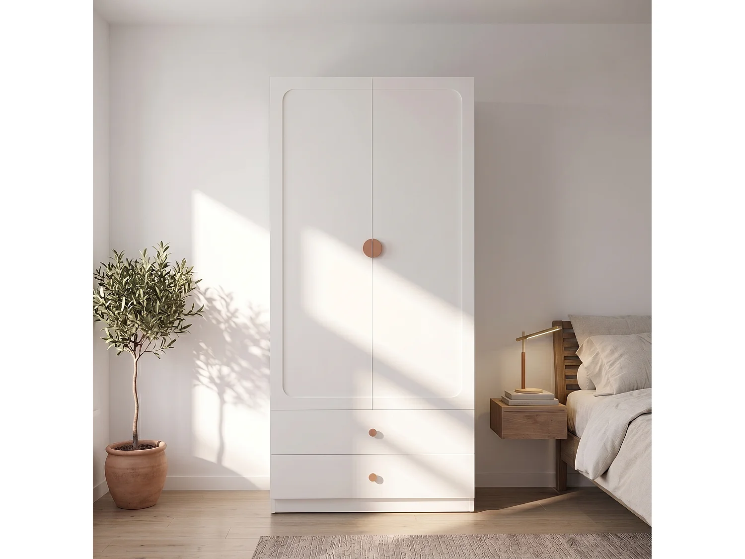 Szafa Garderobiana 90x200 cm z Uchwytami z Litego Drewna - Nowoczesny Mebel do Przechowywania z 2 Drzwiami, 1 Drążkiem na Ubrania i 2 Szufladami - Biała