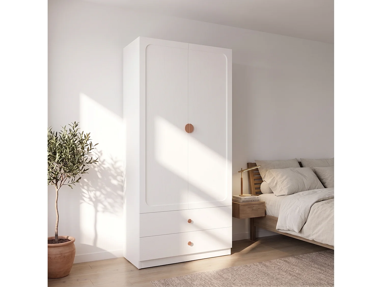 Szafa Garderobiana 90x200 cm z Uchwytami z Litego Drewna - Nowoczesny Mebel do Przechowywania z 2 Drzwiami, 1 Drążkiem na Ubrania i 2 Szufladami - Biała