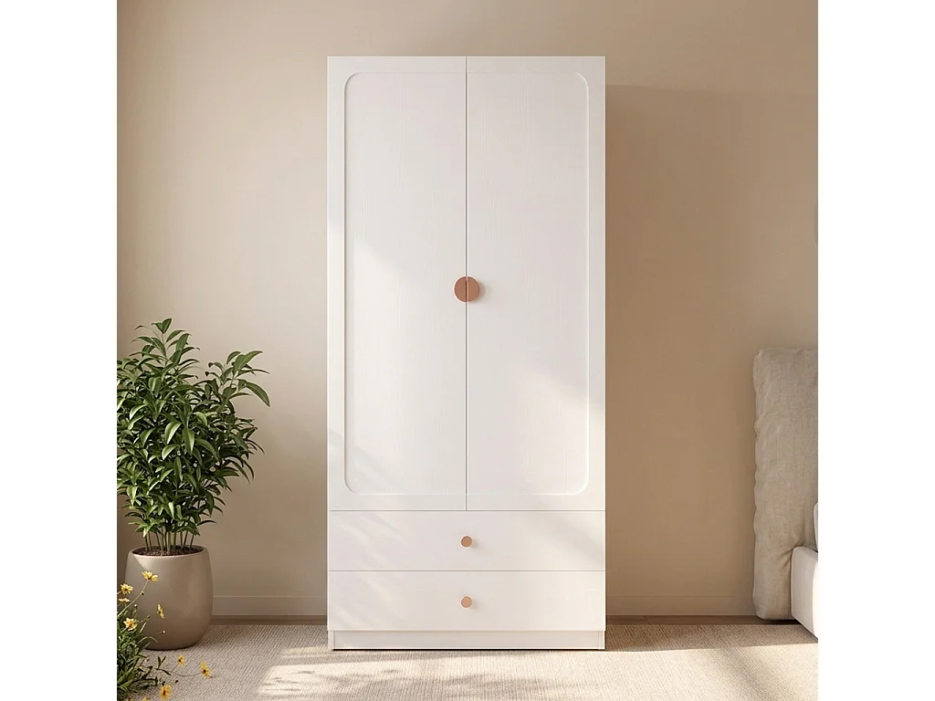 Szafa Garderobiana 90x200 cm z Uchwytami z Litego Drewna - Nowoczesny Mebel do Przechowywania z 2 Drzwiami, 1 Drążkiem na Ubrania i 2 Szufladami - Biała