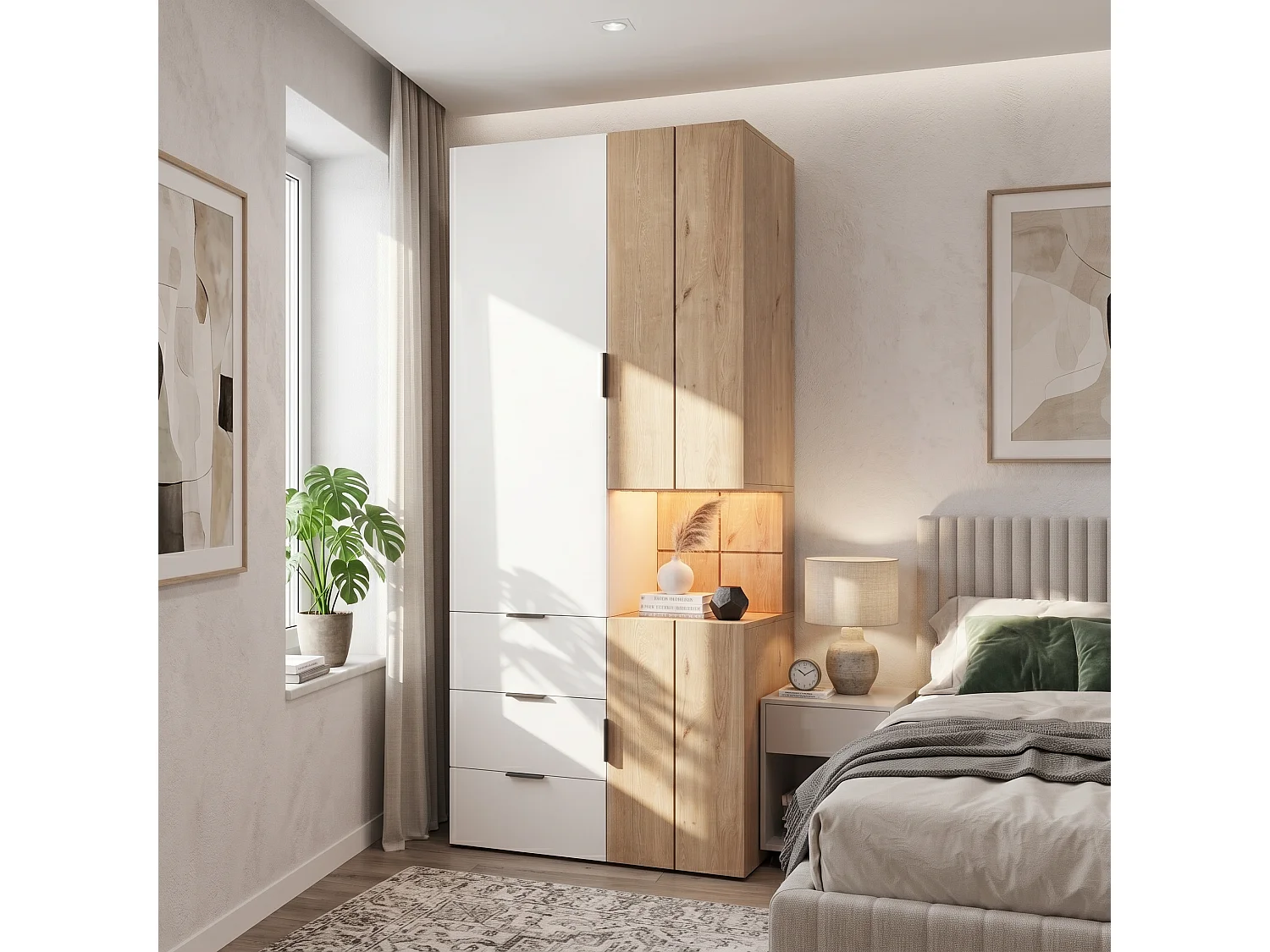 Szafa Garderobiana 90x200 cm z Oświetleniem LED - Mebel do Przechowywania z 2 Drążkami na Ubrania i 4 Szufladami, Nowoczesny Styl - Biała i Naturalny
