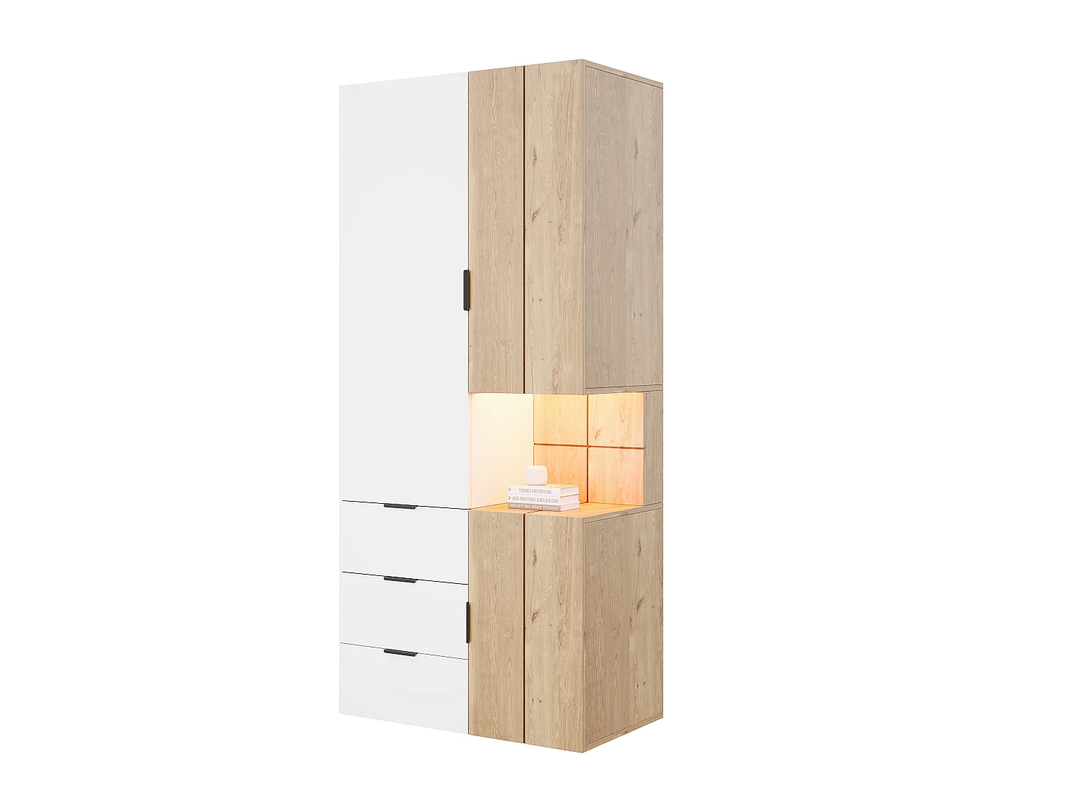 Szafa Garderobiana 90x200 cm z Oświetleniem LED - Mebel do Przechowywania z 2 Drążkami na Ubrania i 4 Szufladami, Nowoczesny Styl - Biała i Naturalny