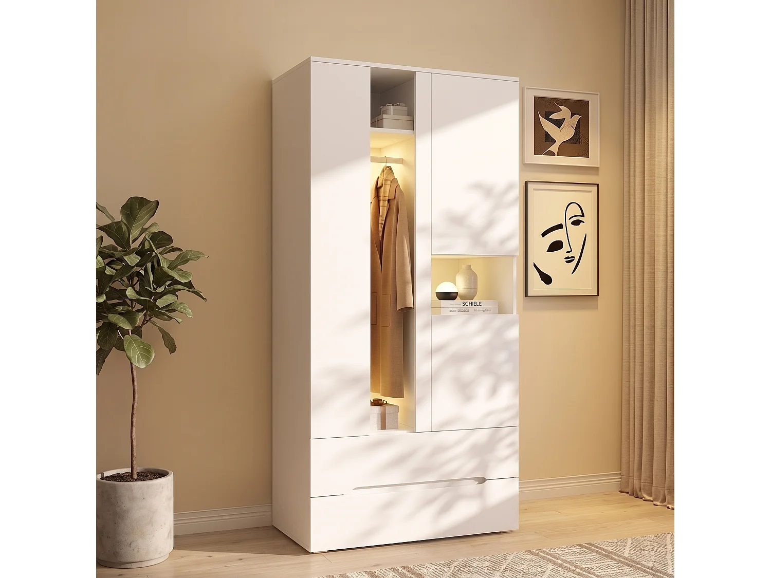 Kleiderschrank 90x200 cm mit LED - mit 3 Türen, Glastüren, 1 Kleiderstange, 6 Fächern & 2 Schubladen, Modernes Design - Weiß