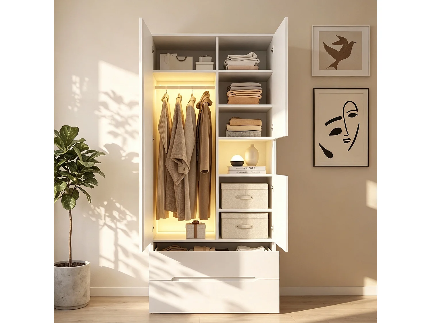 Kleiderschrank 90x200 cm mit LED - mit 3 Türen, Glastüren, 1 Kleiderstange, 6 Fächern & 2 Schubladen, Modernes Design - Weiß