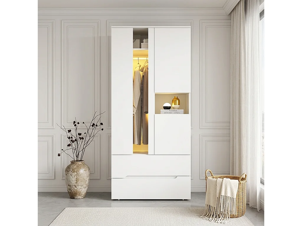 Kleiderschrank 90x200 cm mit LED - mit 3 Türen, Glastüren, 1 Kleiderstange, 6 Fächern & 2 Schubladen, Modernes Design - Weiß