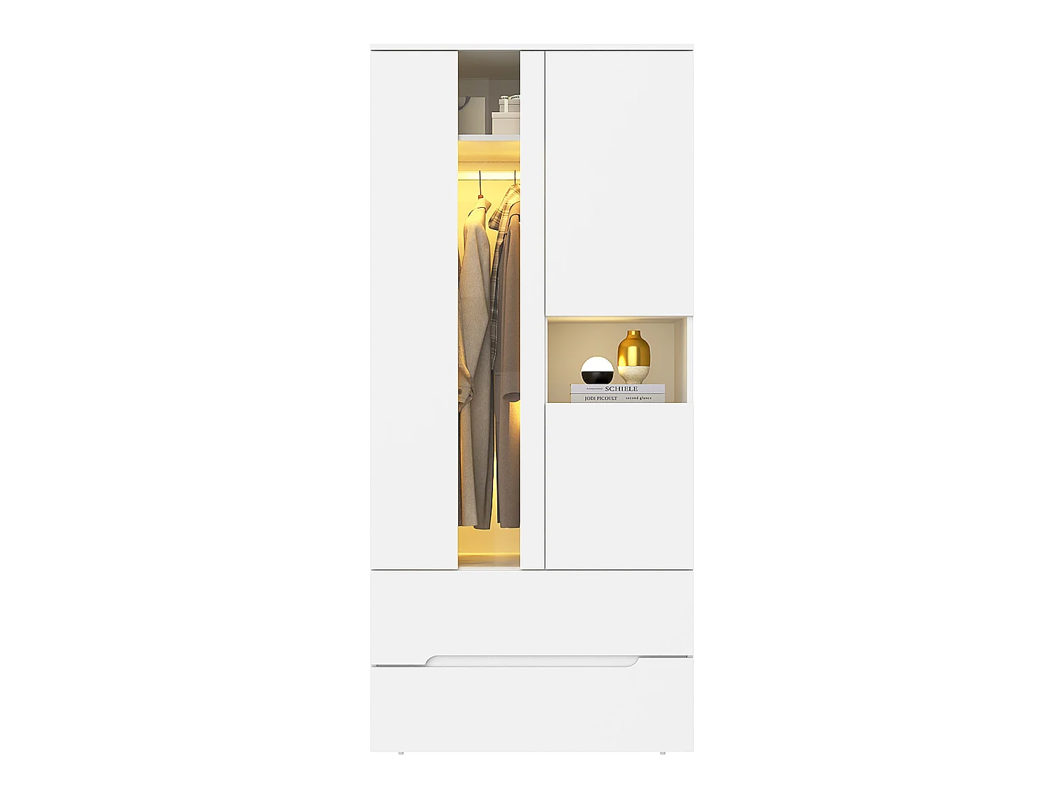 Kleiderschrank 90x200 cm mit LED - mit 3 Türen, Glastüren, 1 Kleiderstange, 6 Fächern & 2 Schubladen, Modernes Design - Weiß