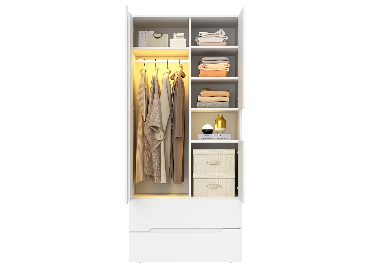 Kleiderschrank 90x200 cm mit LED - mit 3 Türen, Glastüren, 1 Kleiderstange, 6 Fächern & 2 Schubladen, Modernes Design - Weiß
