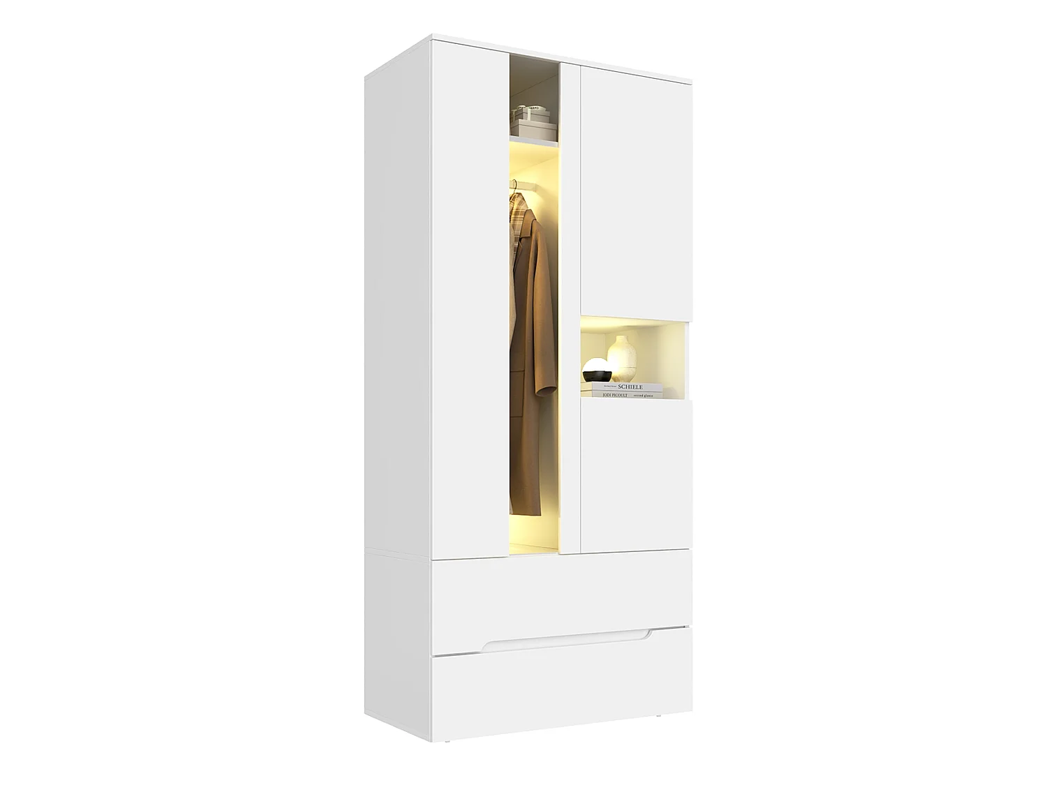 Kleiderschrank 90x200 cm mit LED - mit 3 Türen, Glastüren, 1 Kleiderstange, 6 Fächern & 2 Schubladen, Modernes Design - Weiß
