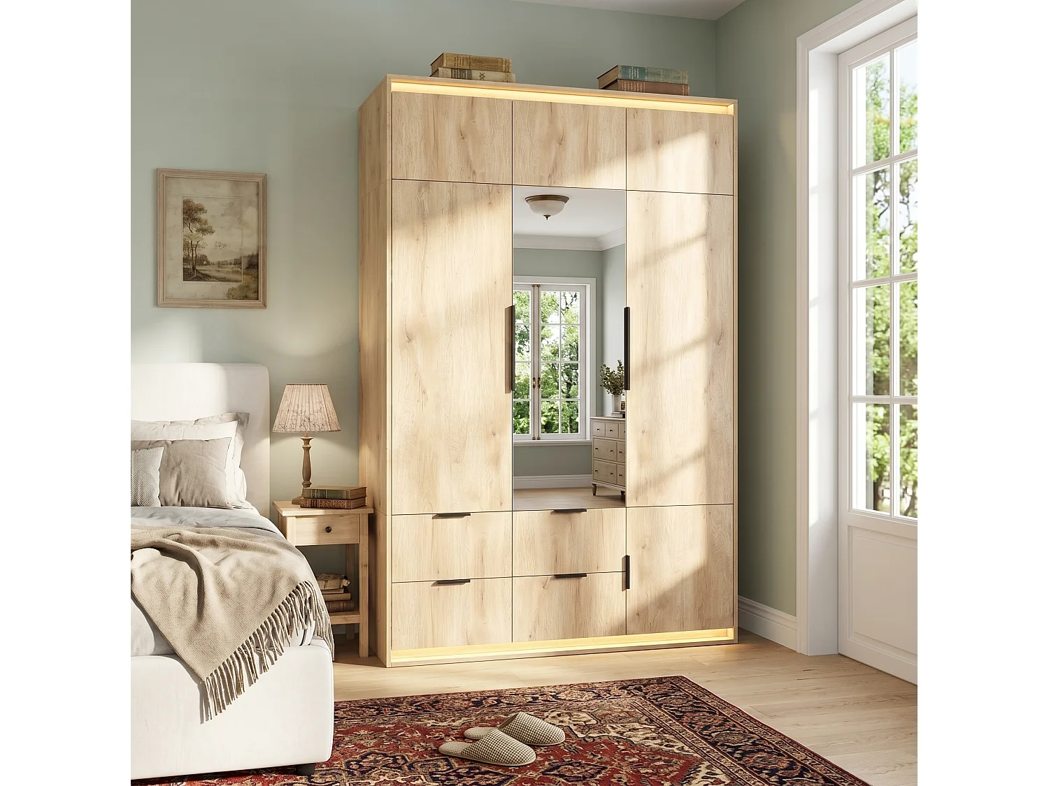 Kleiderschrank 135x200 cm mit Spiegel & LED - Großer Aufbewahrungsschrank mit 3 Türen, 1 Kleiderstange, 4 Schubladen & 7+ Fächern - Natur