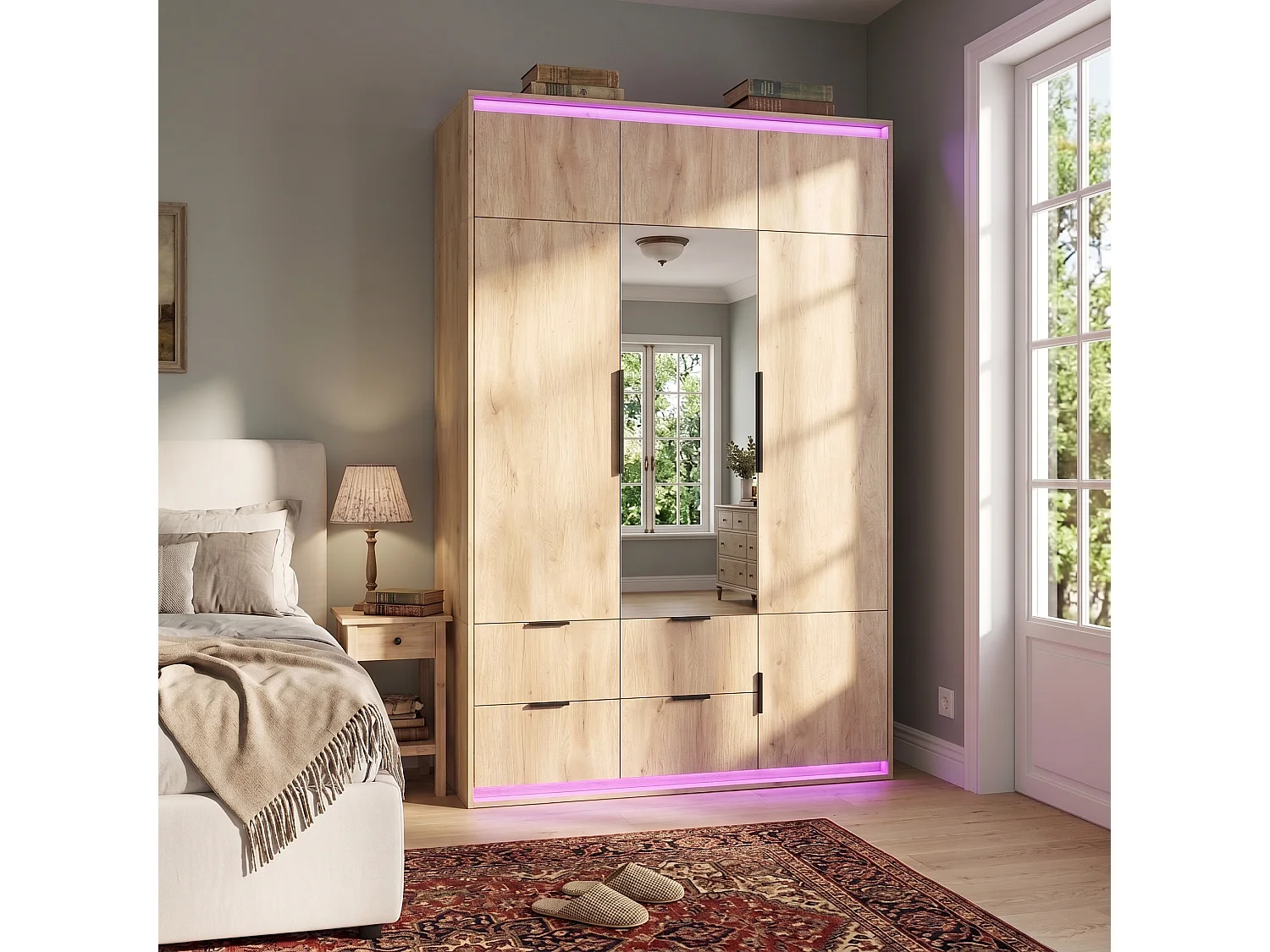 Kleiderschrank 135x200 cm mit Spiegel & LED - Großer Aufbewahrungsschrank mit 3 Türen, 1 Kleiderstange, 4 Schubladen & 7+ Fächern - Natur