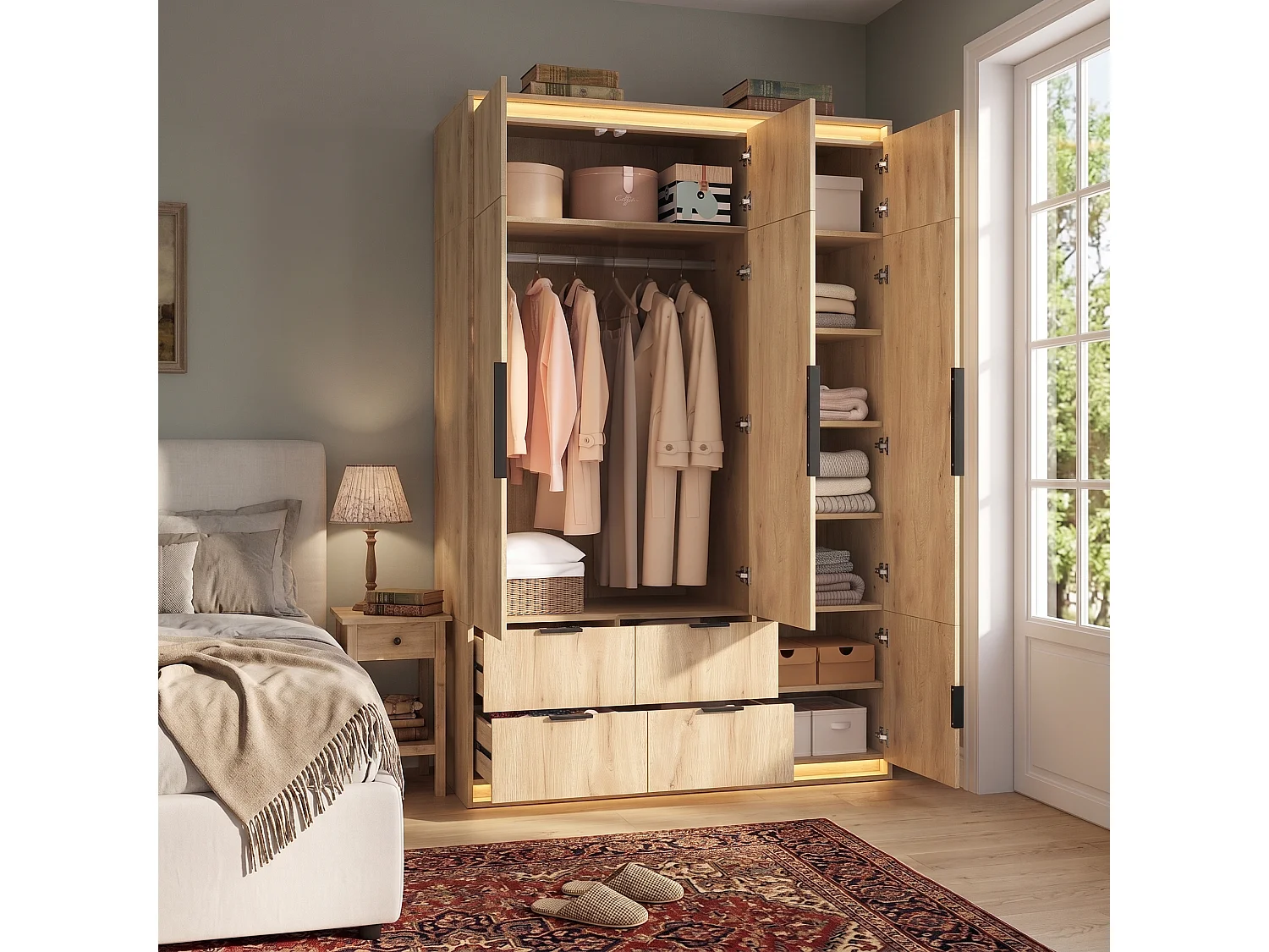 Kleiderschrank 135x200 cm mit Spiegel & LED - Großer Aufbewahrungsschrank mit 3 Türen, 1 Kleiderstange, 4 Schubladen & 7+ Fächern - Natur
