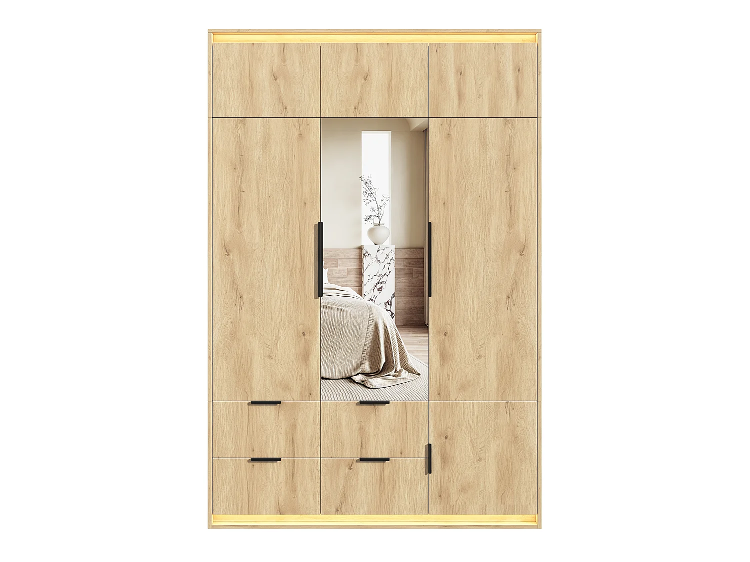 Kleiderschrank 135x200 cm mit Spiegel & LED - Großer Aufbewahrungsschrank mit 3 Türen, 1 Kleiderstange, 4 Schubladen & 7+ Fächern - Natur