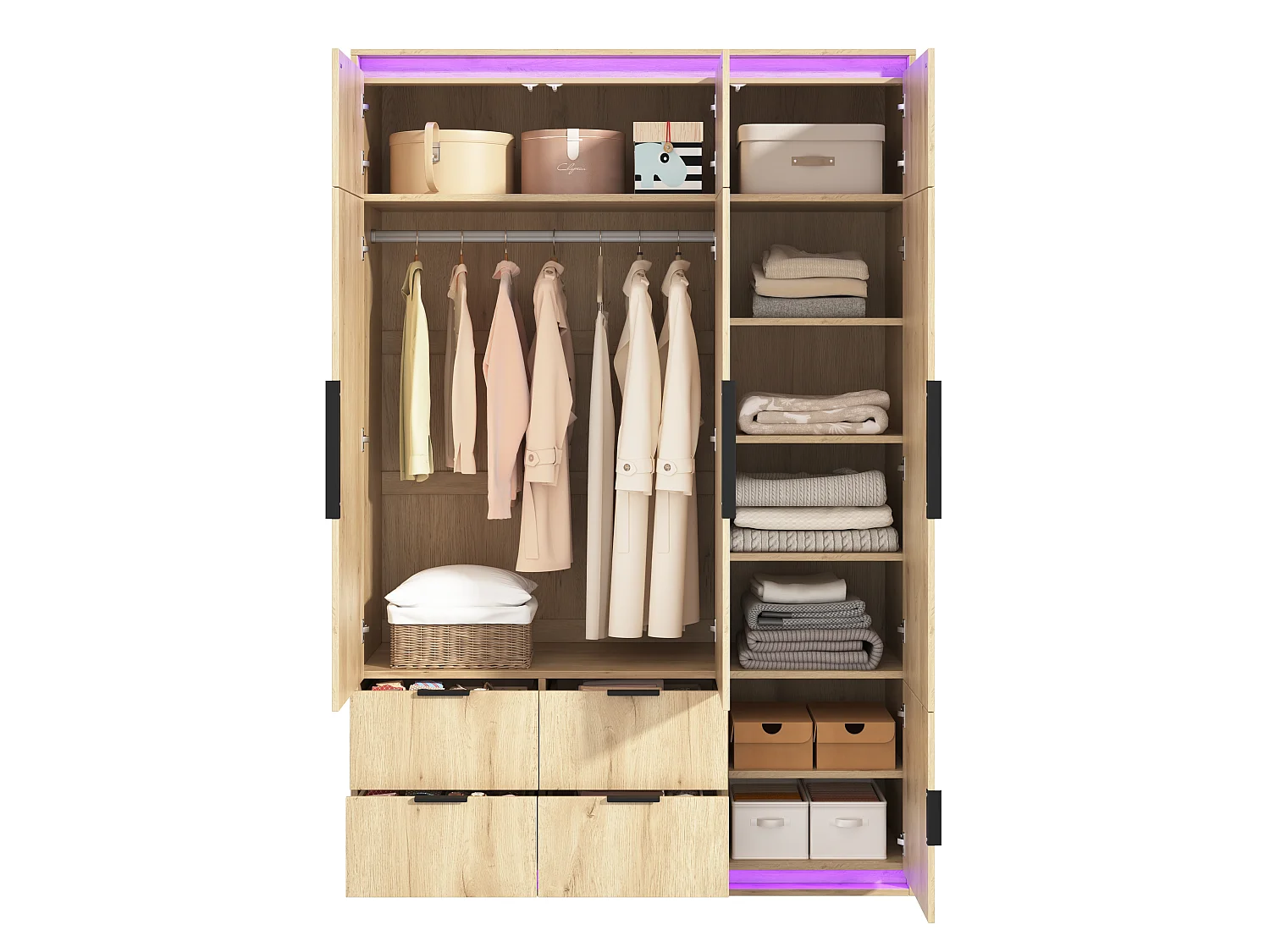 Kleiderschrank 135x200 cm mit Spiegel & LED - Großer Aufbewahrungsschrank mit 3 Türen, 1 Kleiderstange, 4 Schubladen & 7+ Fächern - Natur