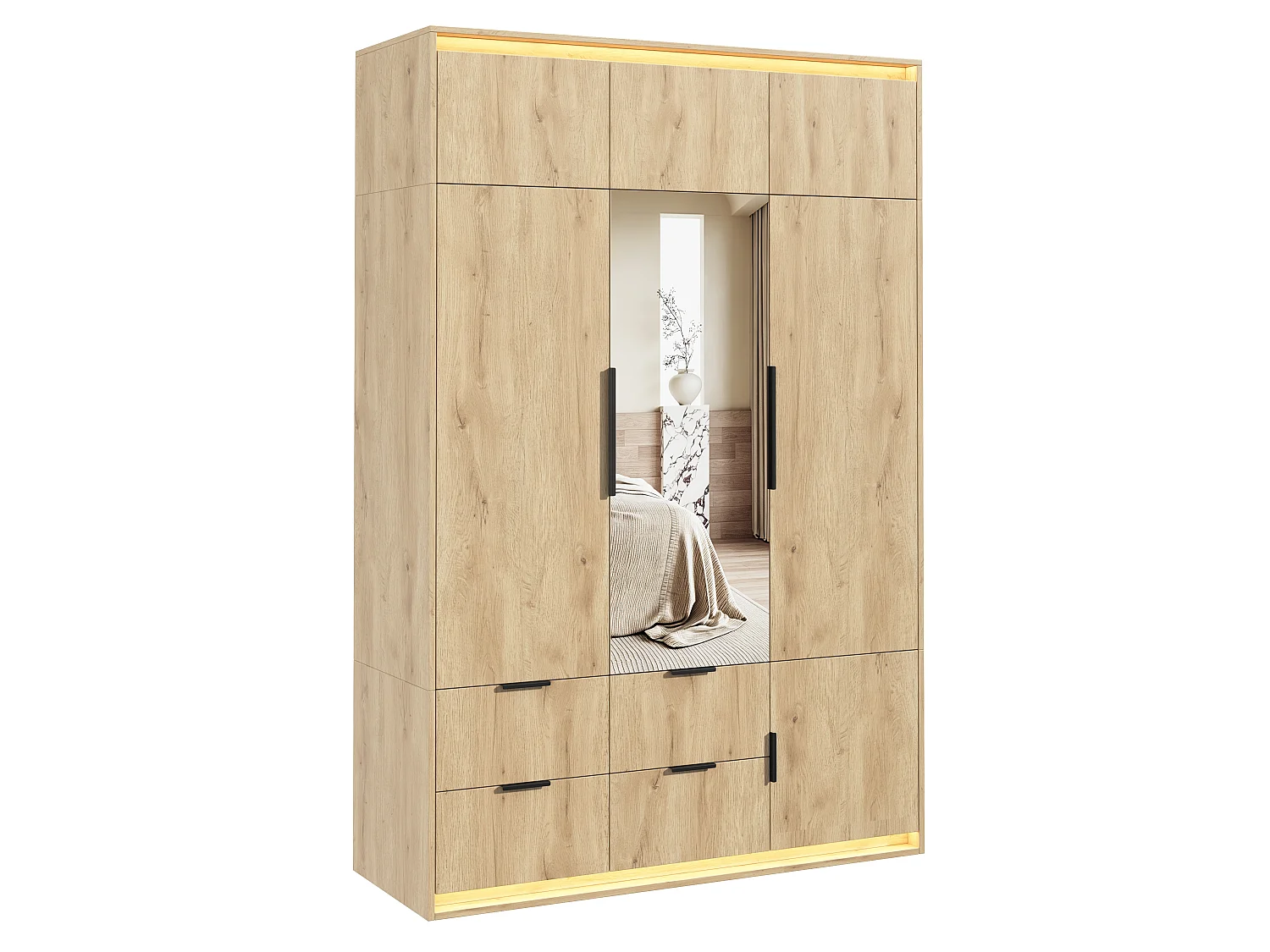Kleiderschrank 135x200 cm mit Spiegel & LED - Großer Aufbewahrungsschrank mit 3 Türen, 1 Kleiderstange, 4 Schubladen & 7+ Fächern - Natur