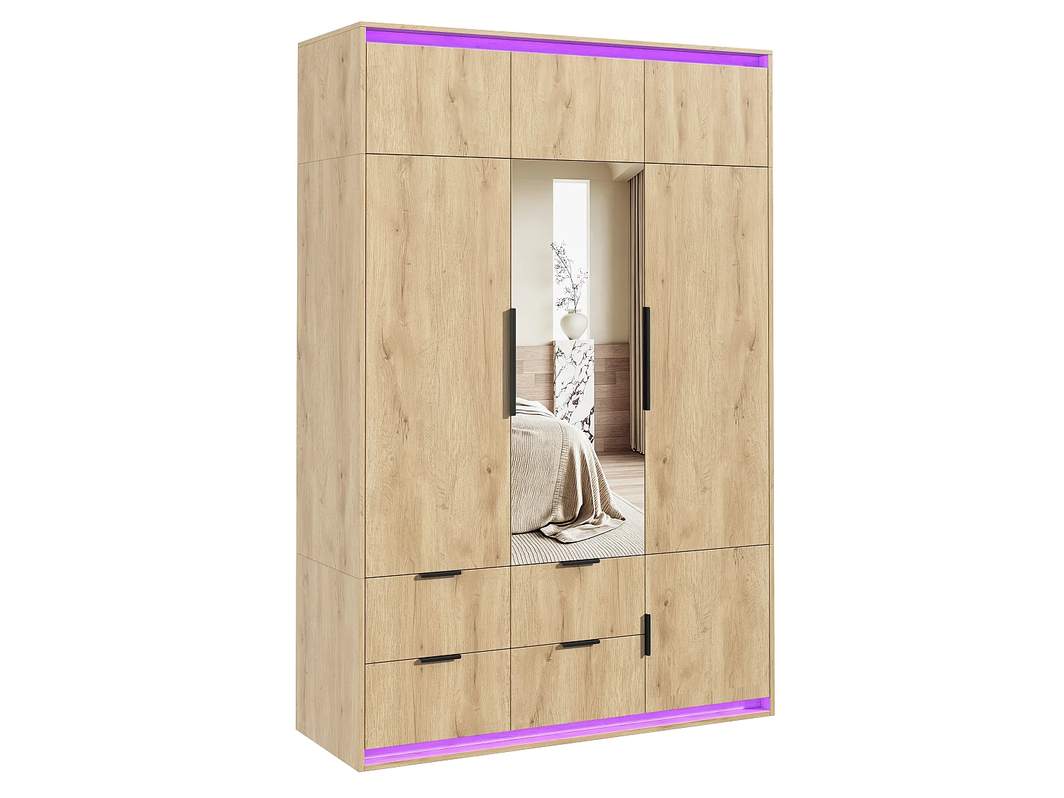 Kleiderschrank 135x200 cm mit Spiegel & LED - Großer Aufbewahrungsschrank mit 3 Türen, 1 Kleiderstange, 4 Schubladen & 7+ Fächern - Natur