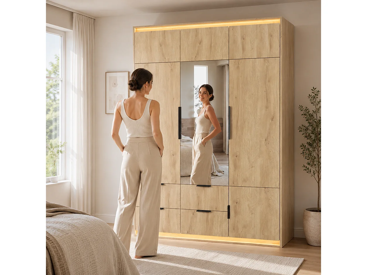 Kleiderschrank 135x200 cm mit Spiegel & LED - Großer Aufbewahrungsschrank mit 3 Türen, 1 Kleiderstange, 4 Schubladen & 7+ Fächern - Natur