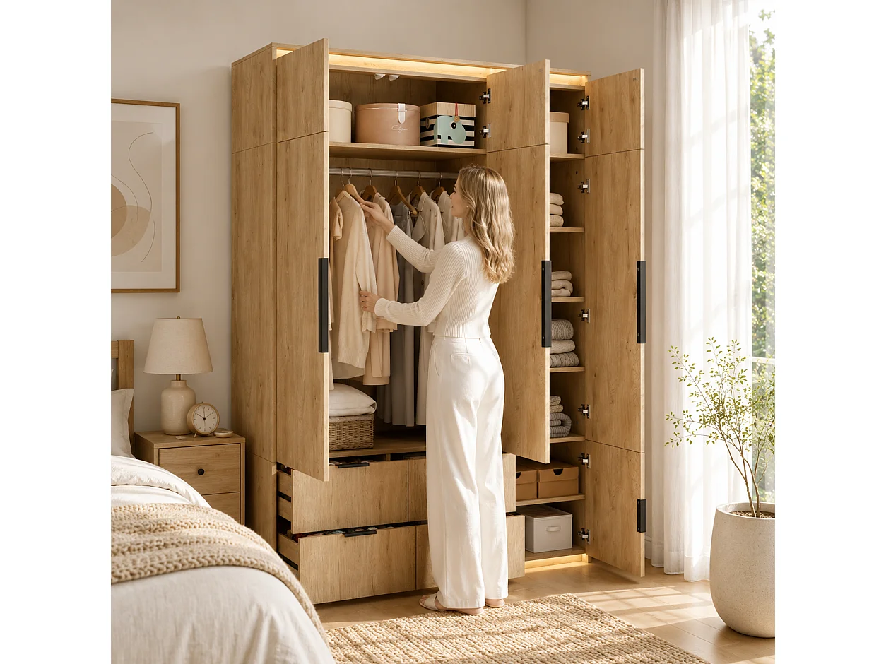 Kleiderschrank 135x200 cm mit Spiegel & LED - Großer Aufbewahrungsschrank mit 3 Türen, 1 Kleiderstange, 4 Schubladen & 7+ Fächern - Natur
