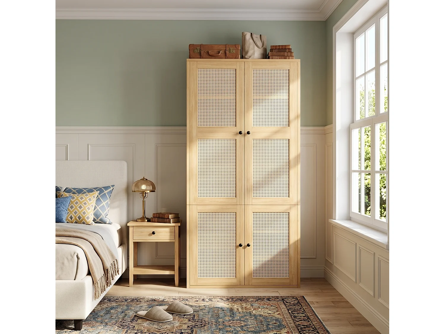 leiderschrank 90x200 cm mit Rattantüren - Moderner Aufbewahrungsschrank mit 1 Kleiderstange, 3 Schubladen & 4 Fächern - Natur