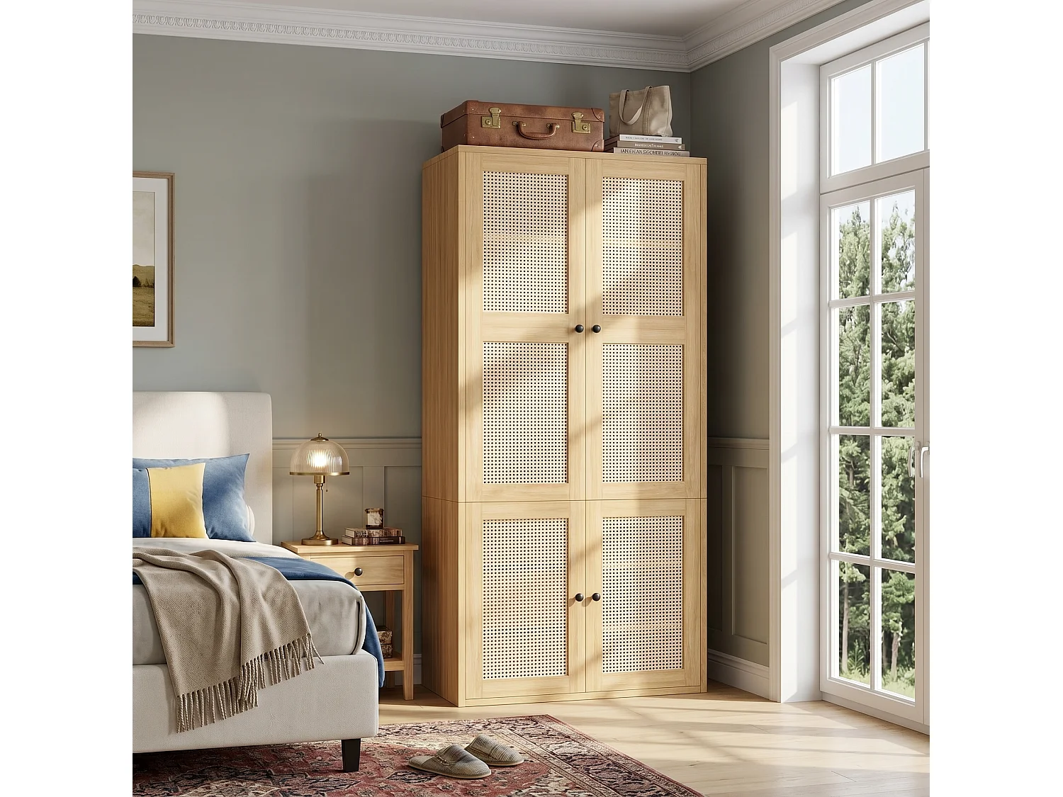 leiderschrank 90x200 cm mit Rattantüren - Moderner Aufbewahrungsschrank mit 1 Kleiderstange, 3 Schubladen & 4 Fächern - Natur
